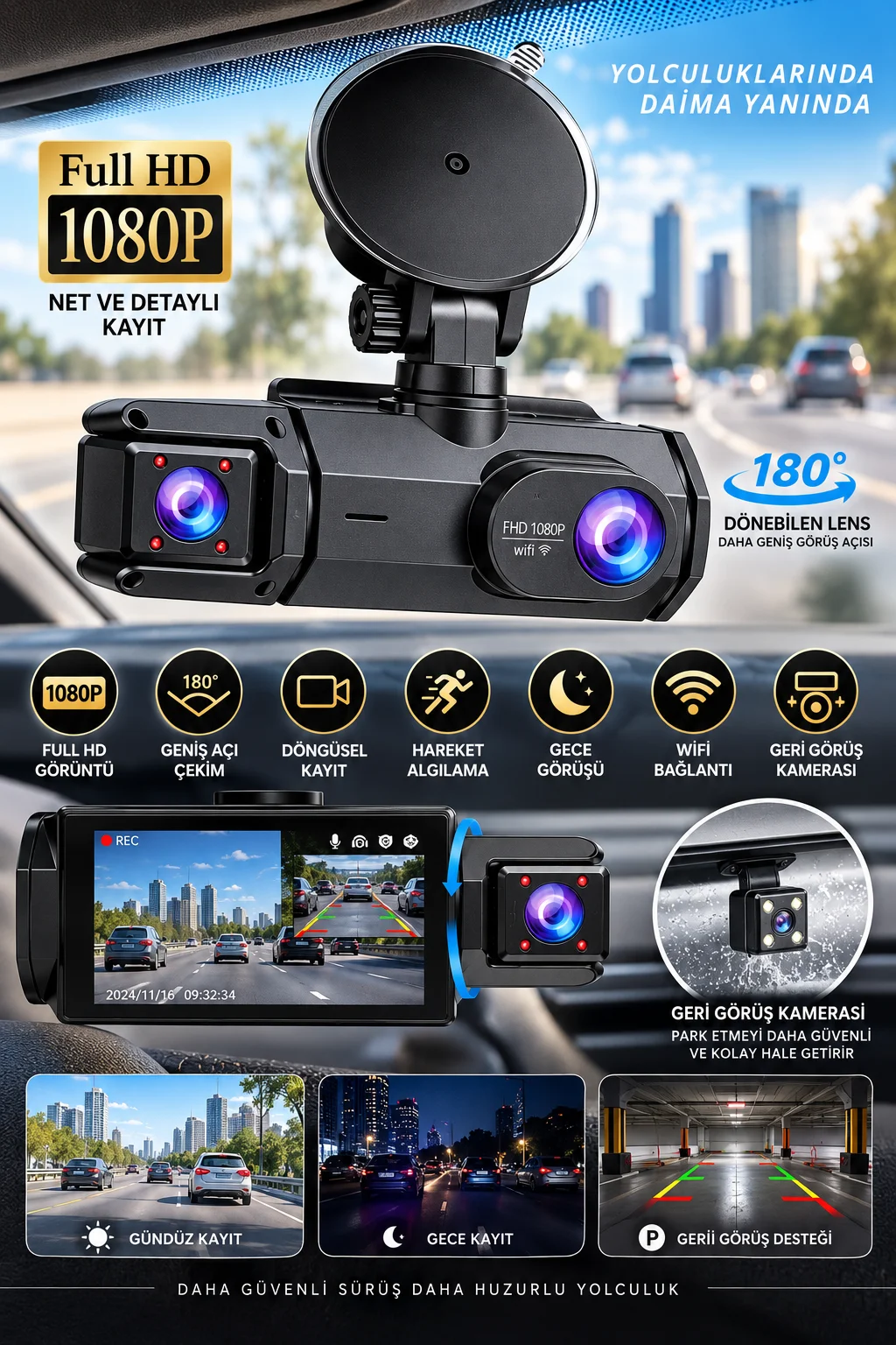 Full HD 1080P Çift Kamera 180° Geniş Açı WiFi Şarjlı Kullanım