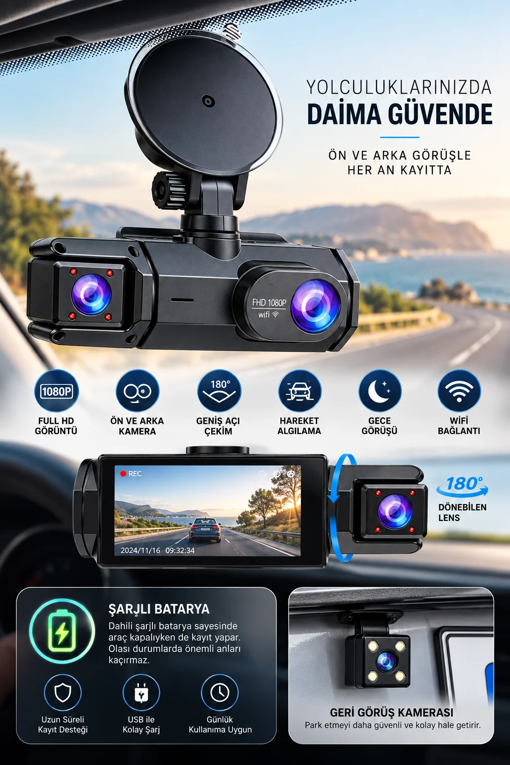 Ön Arka Kamera 1080P Full HD WiFi 180° Geniş Açı Şarjlı