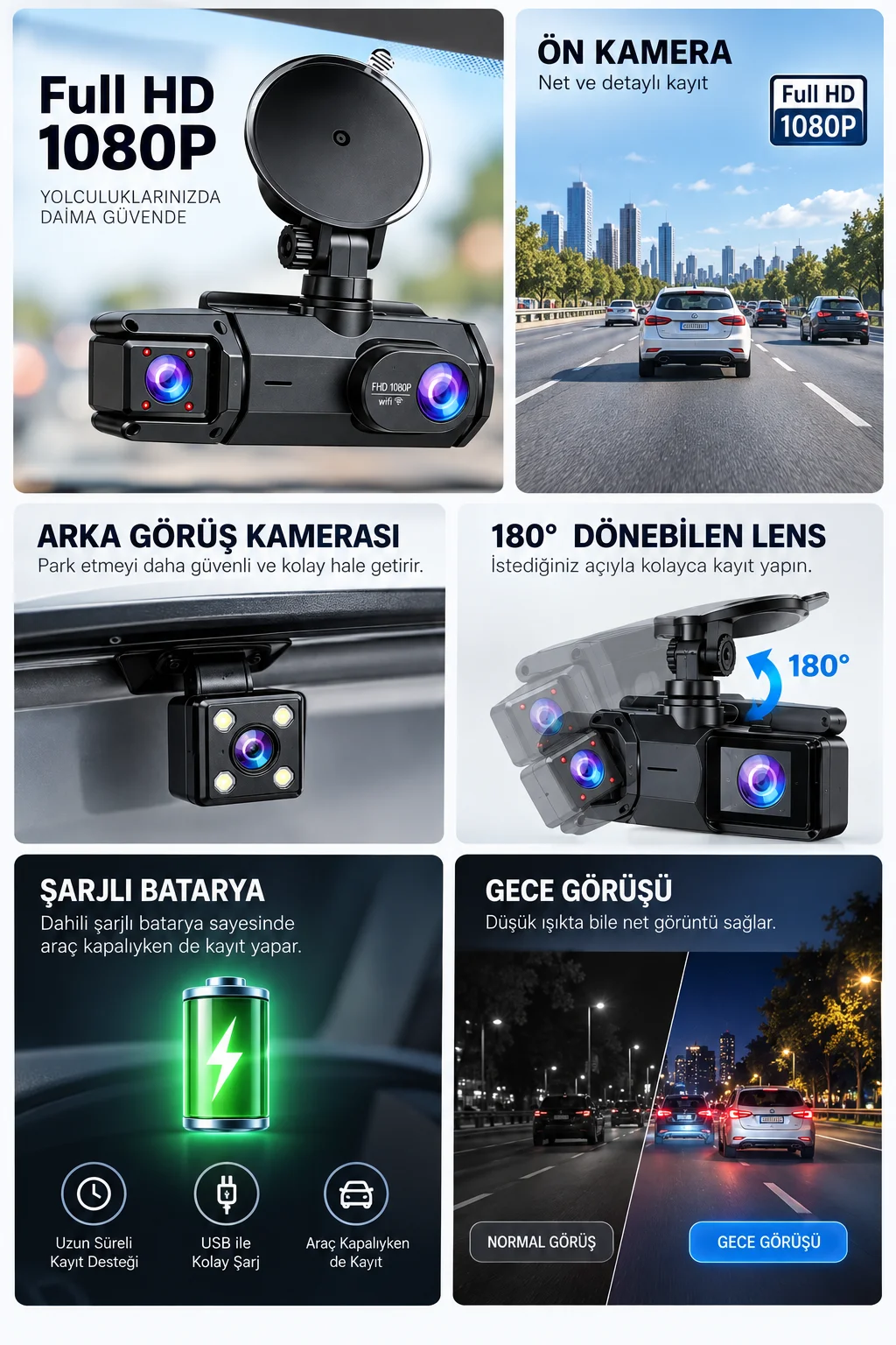 Ön Arka Kamera 1080P Full HD WiFi 180° Geniş Açı Şarjlı