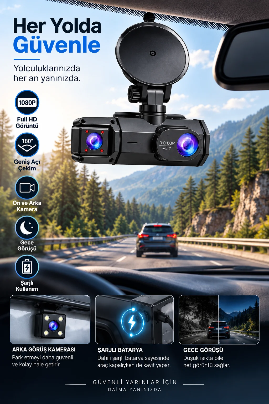 Ön Arka Kayıt 1080P Full HD 180° Geniş Açı Şarjlı Kullanım
