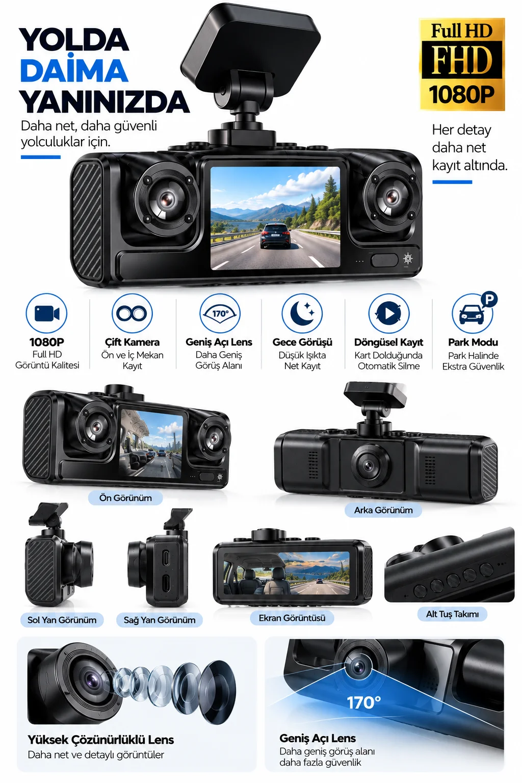 Full HD 1080P Döngüsel Kayıtlı Araç Kamerası