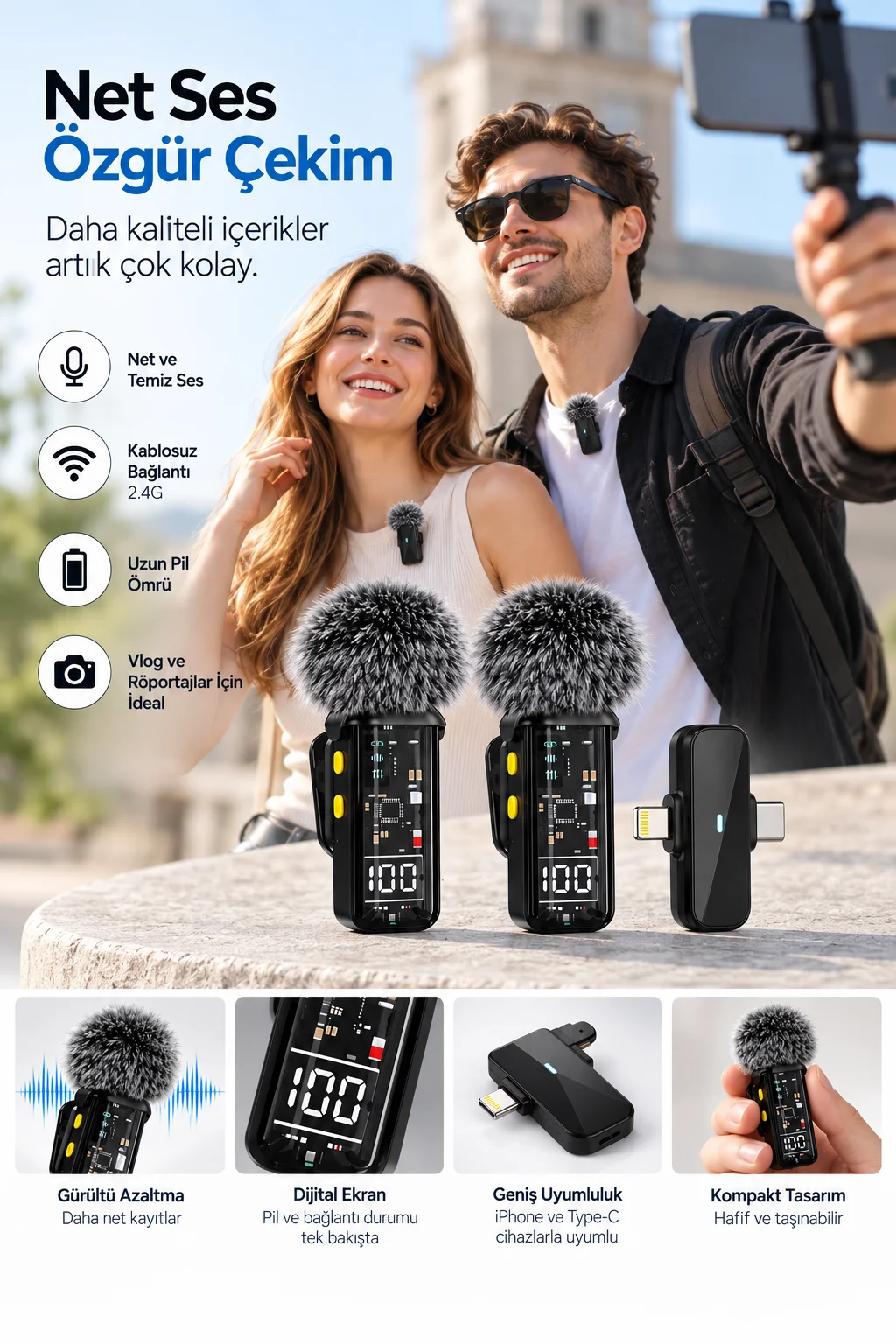 Çift Mikrofonlu 2.4G Kablosuz Yaka Mikrofonu Vlog İçin Mikrofon