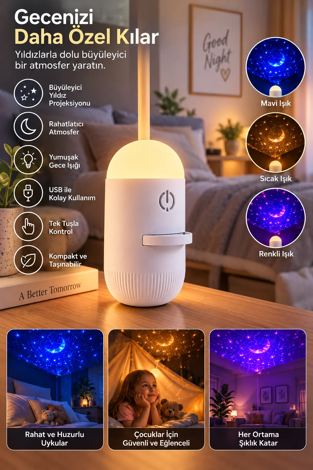 Romantik Atmosfer İçin Ay Yıldız Projeksiyonlu Gece Lambası