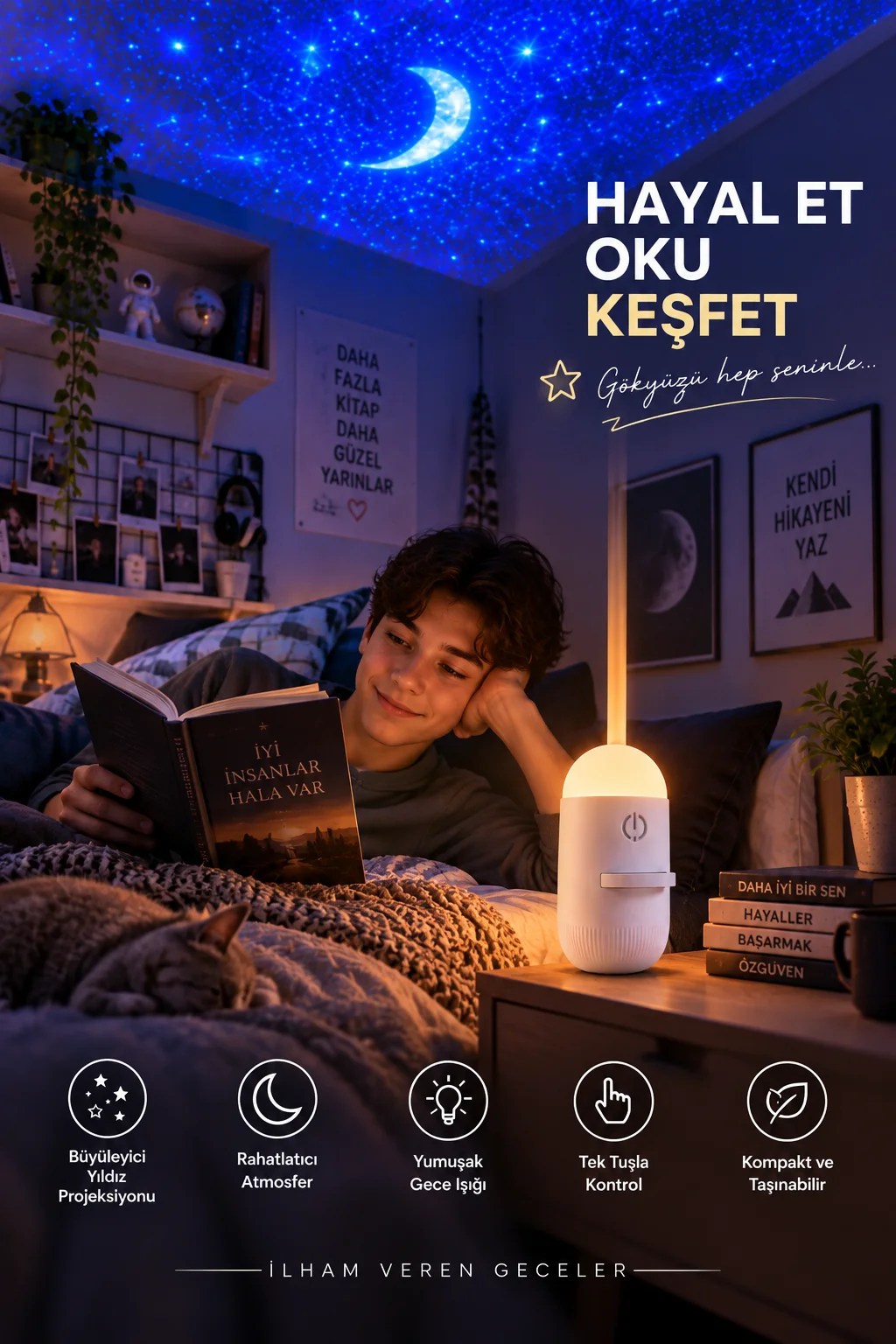 Romantik Atmosfer İçin Ay Yıldız Projeksiyonlu Gece Lambası