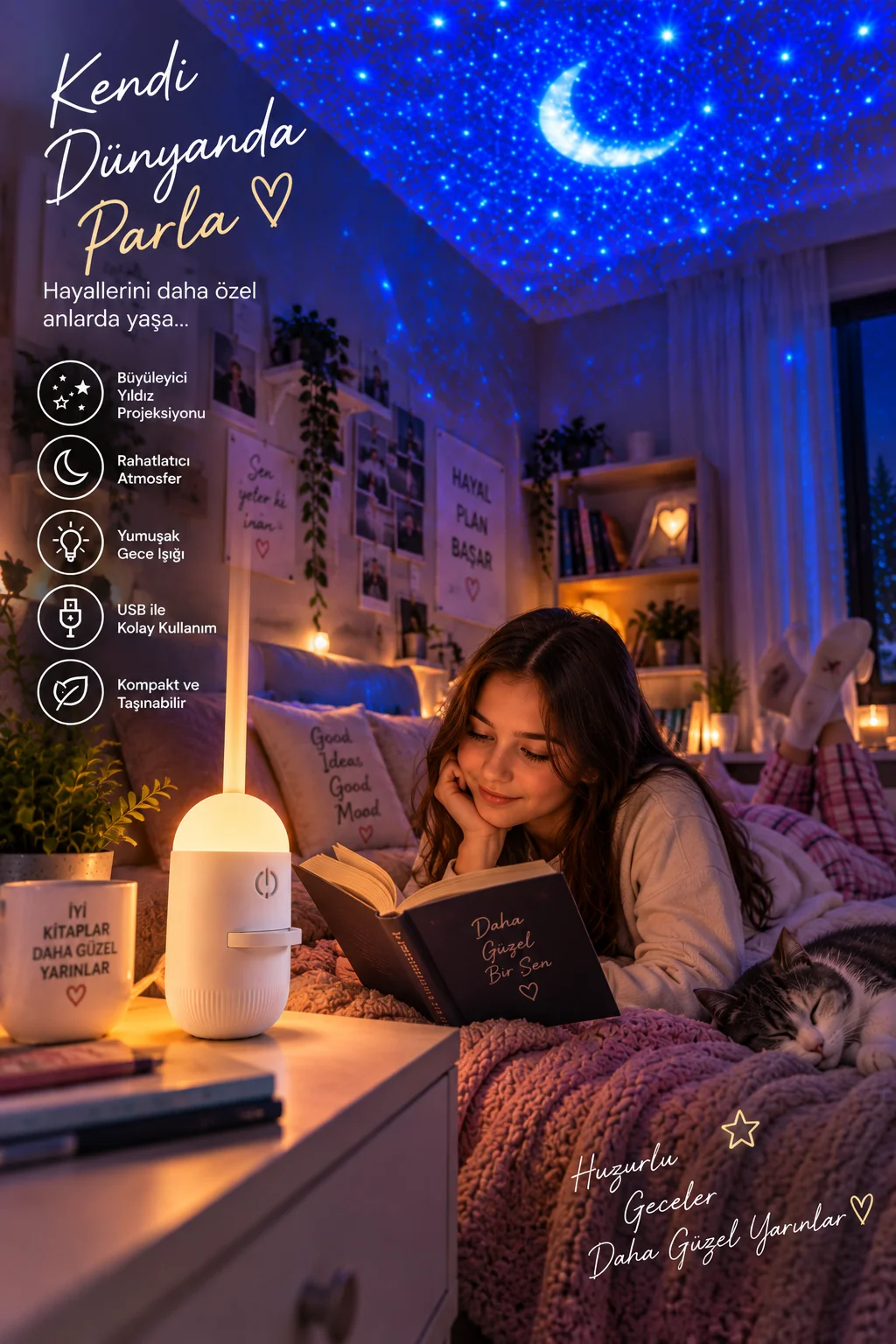 Çocuklar İçin Yumuşak Işıklı Ay Yıldız Projeksiyon Lambası