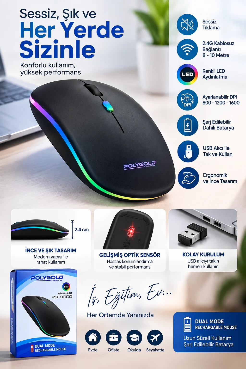 Ofis Ev Okul Kullanımına Uygun Şarjlı Kablosuz Mouse