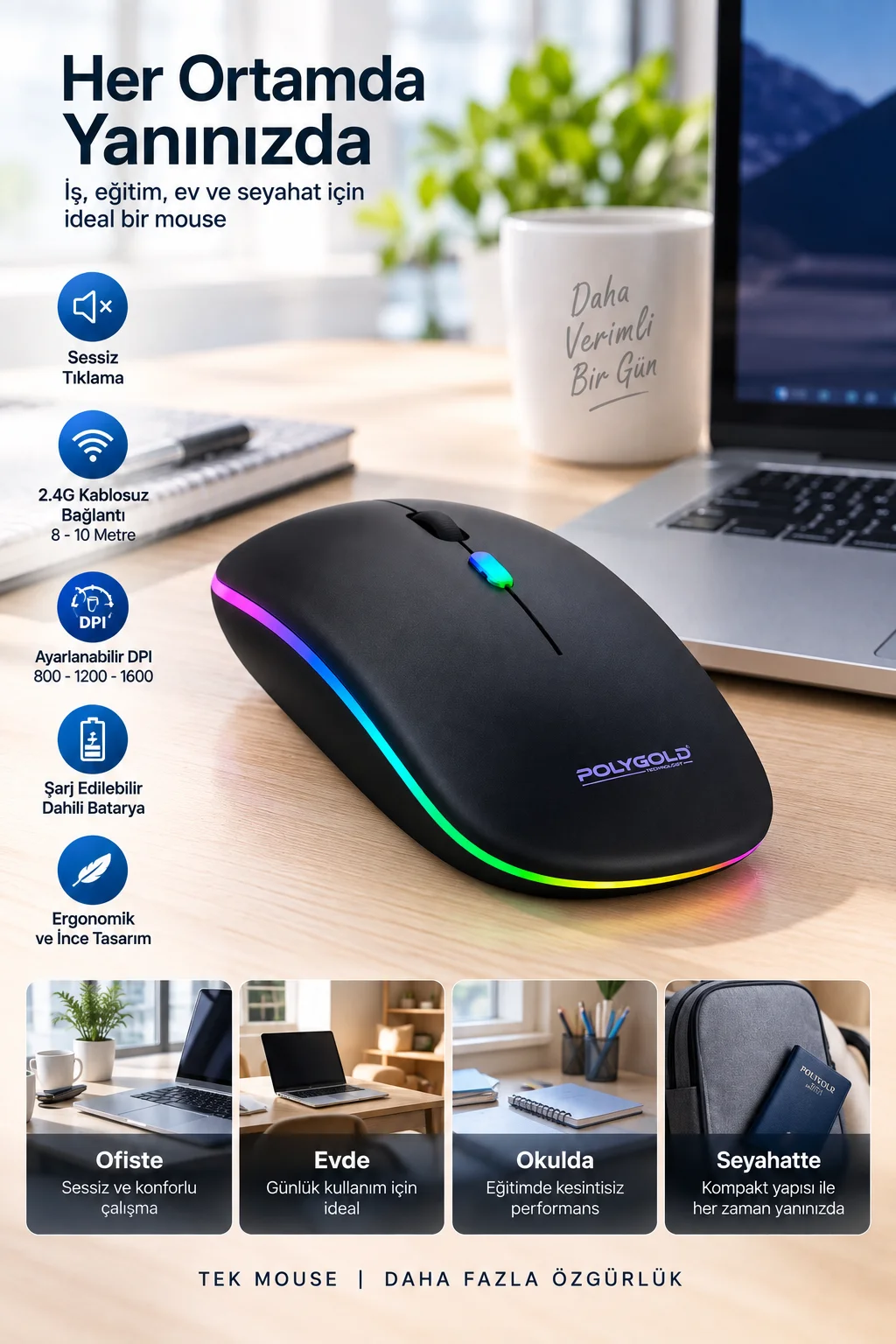 8 10 Metre Menzilli Şarj Edilebilir Kablosuz Mouse