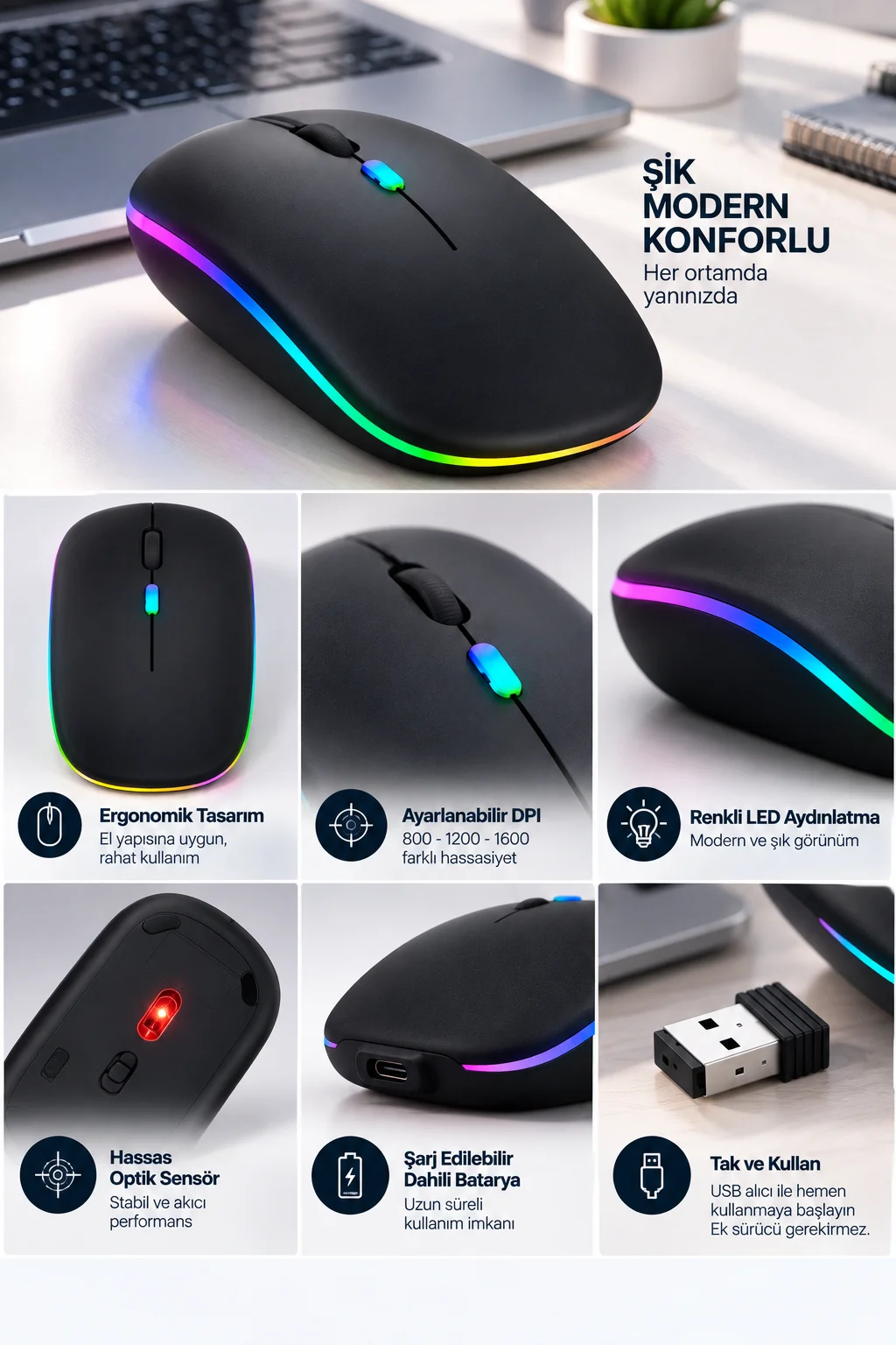 İnce Ergonomik Tasarım 2.4G Kablosuz LED Mouse