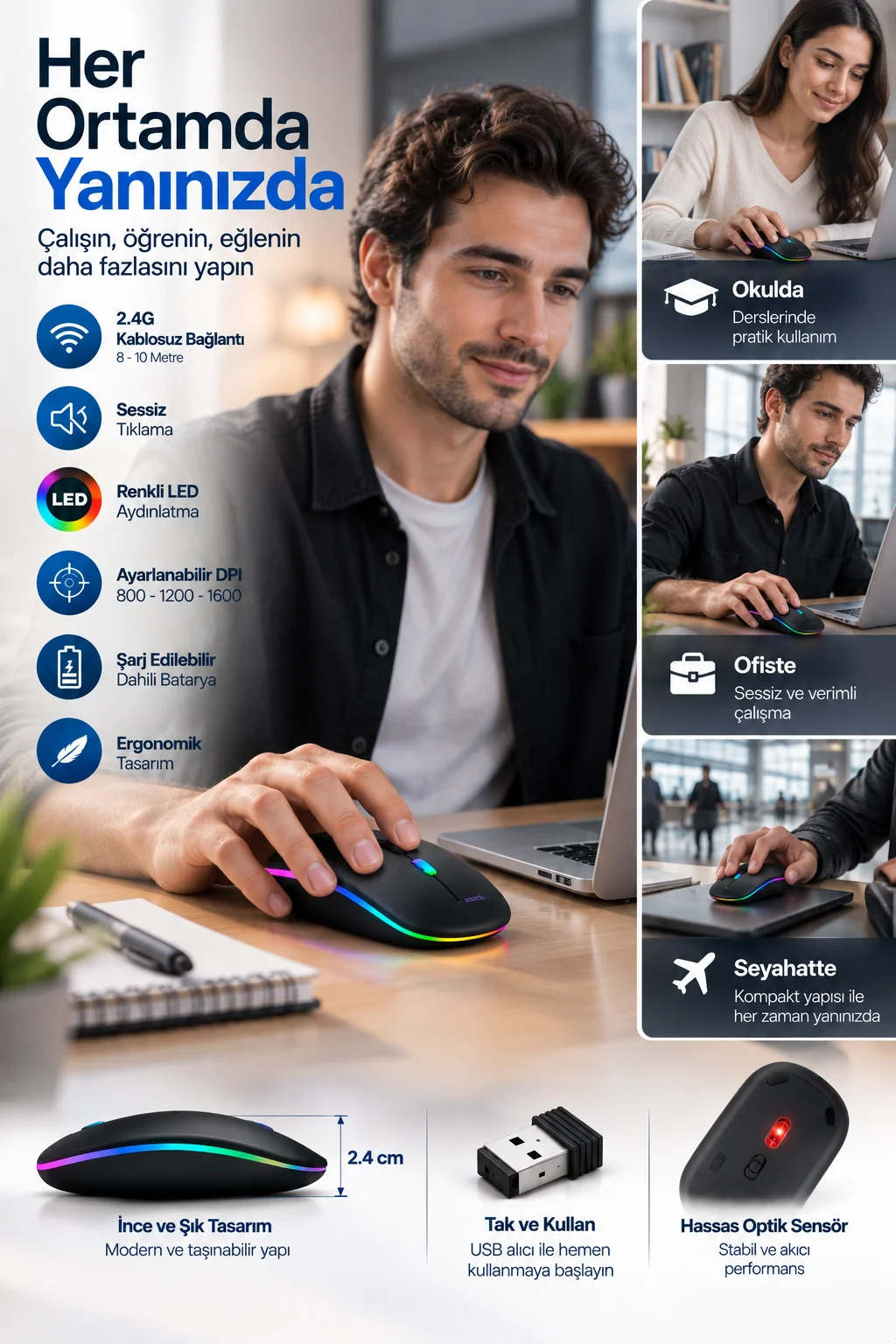 Ofis Ev Okul Kullanımına Uygun Şarjlı Kablosuz Mouse