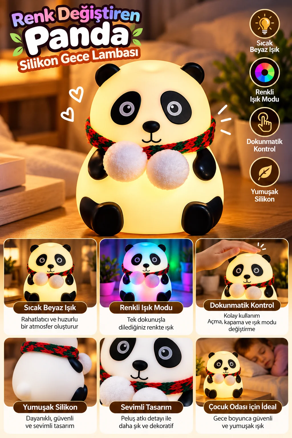 Sevimli Panda Silikon Gece Lambası Renkli Işık Modu Dokunmatik Kontrollü Aydınlatma