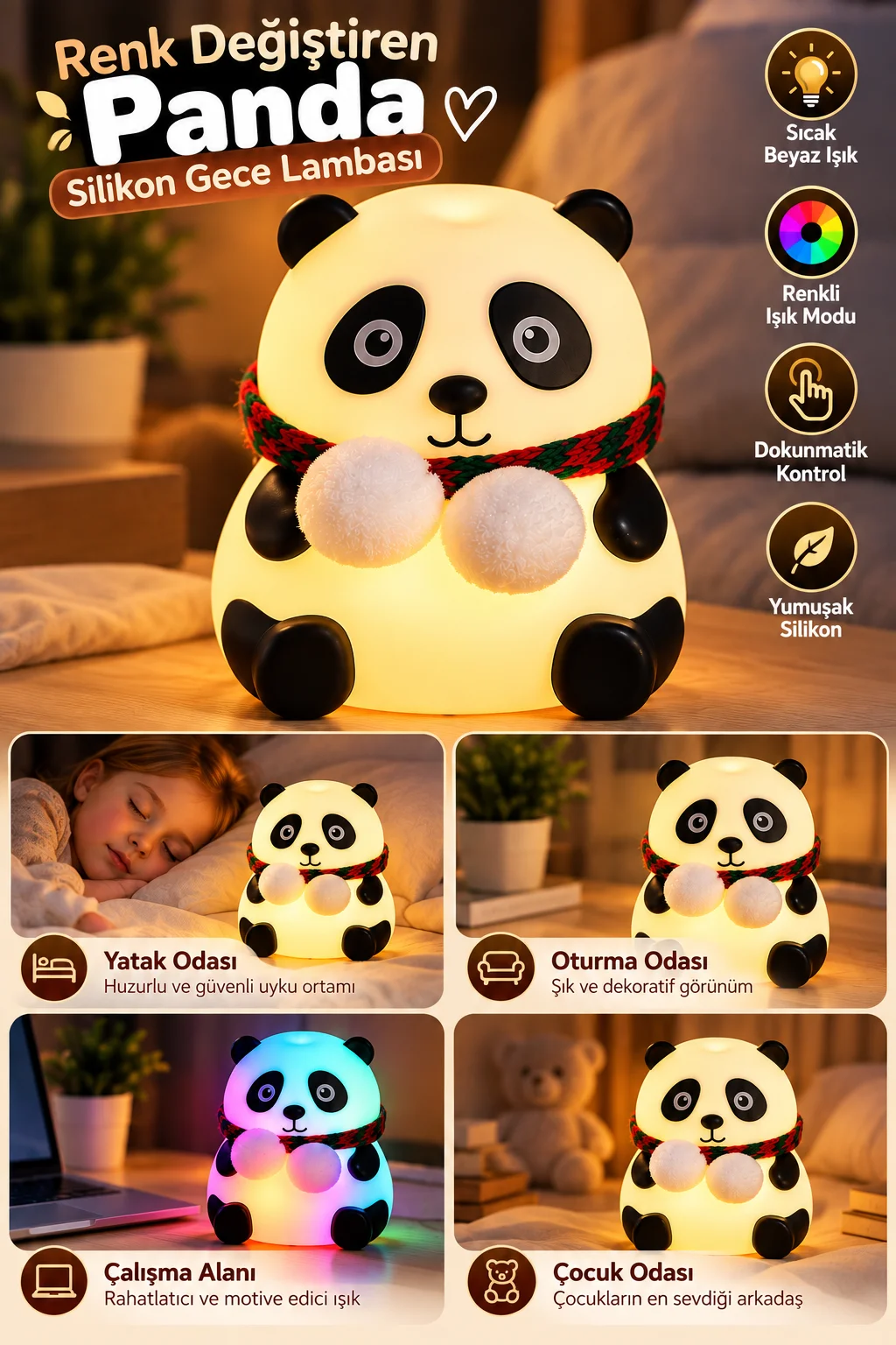 Yatak Odası Çocuk Odası İçin Renk Değiştiren Panda Silikon Gece Lambası
