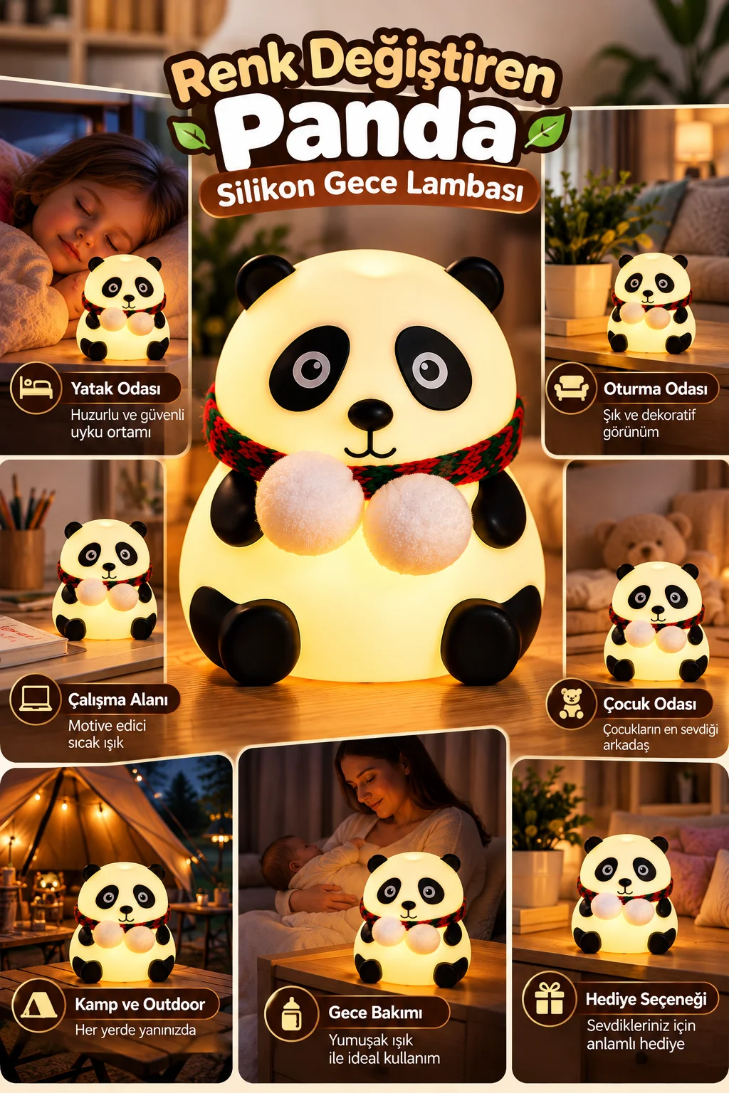 Sevimli Panda Silikon Gece Lambası Renkli Işık Modu Dokunmatik Kontrollü Aydınlatma