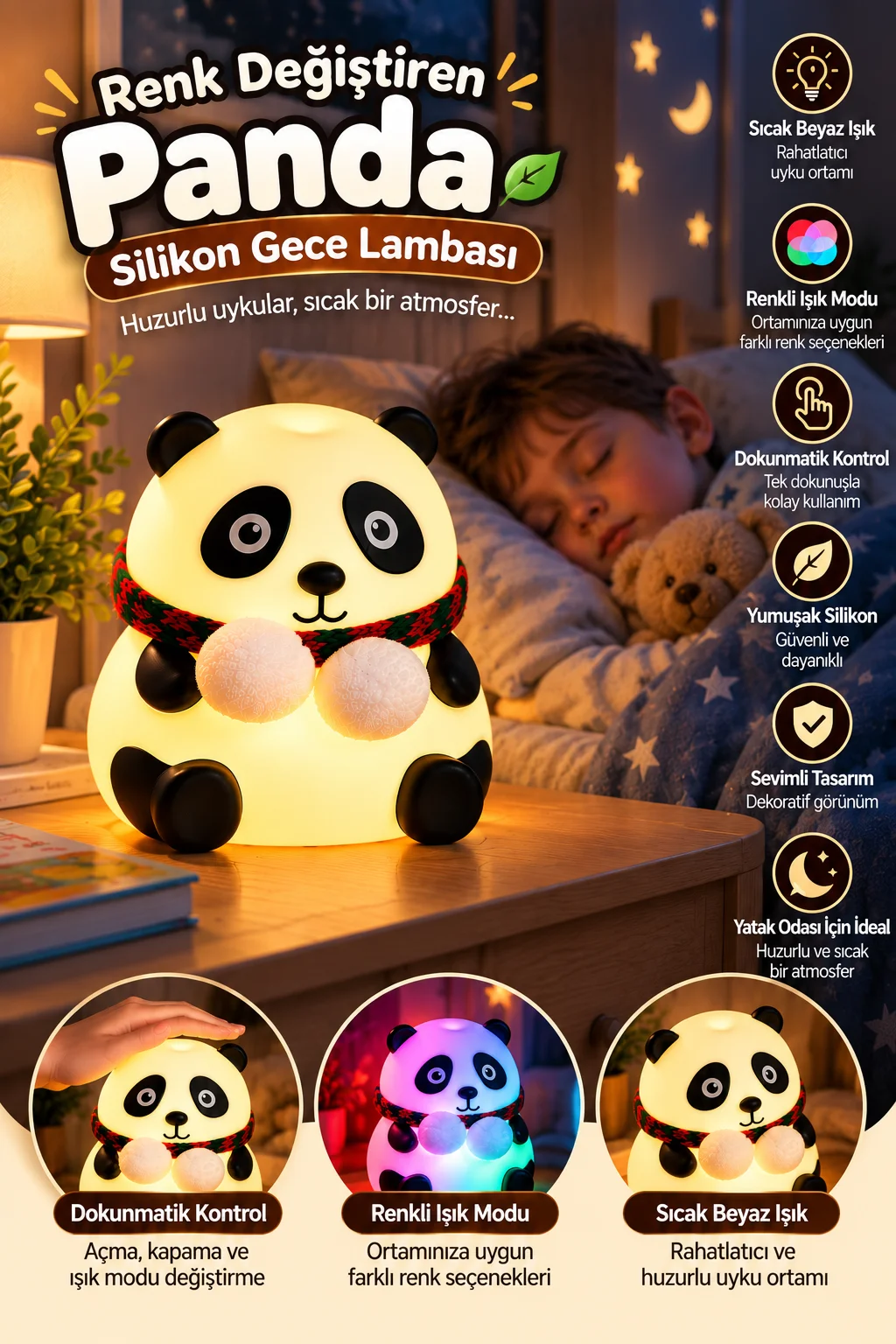 Renkli Işık Modlu Silikon Panda Gece Lambası Dokunmatik Kontrollü Sevimli Dekoratif