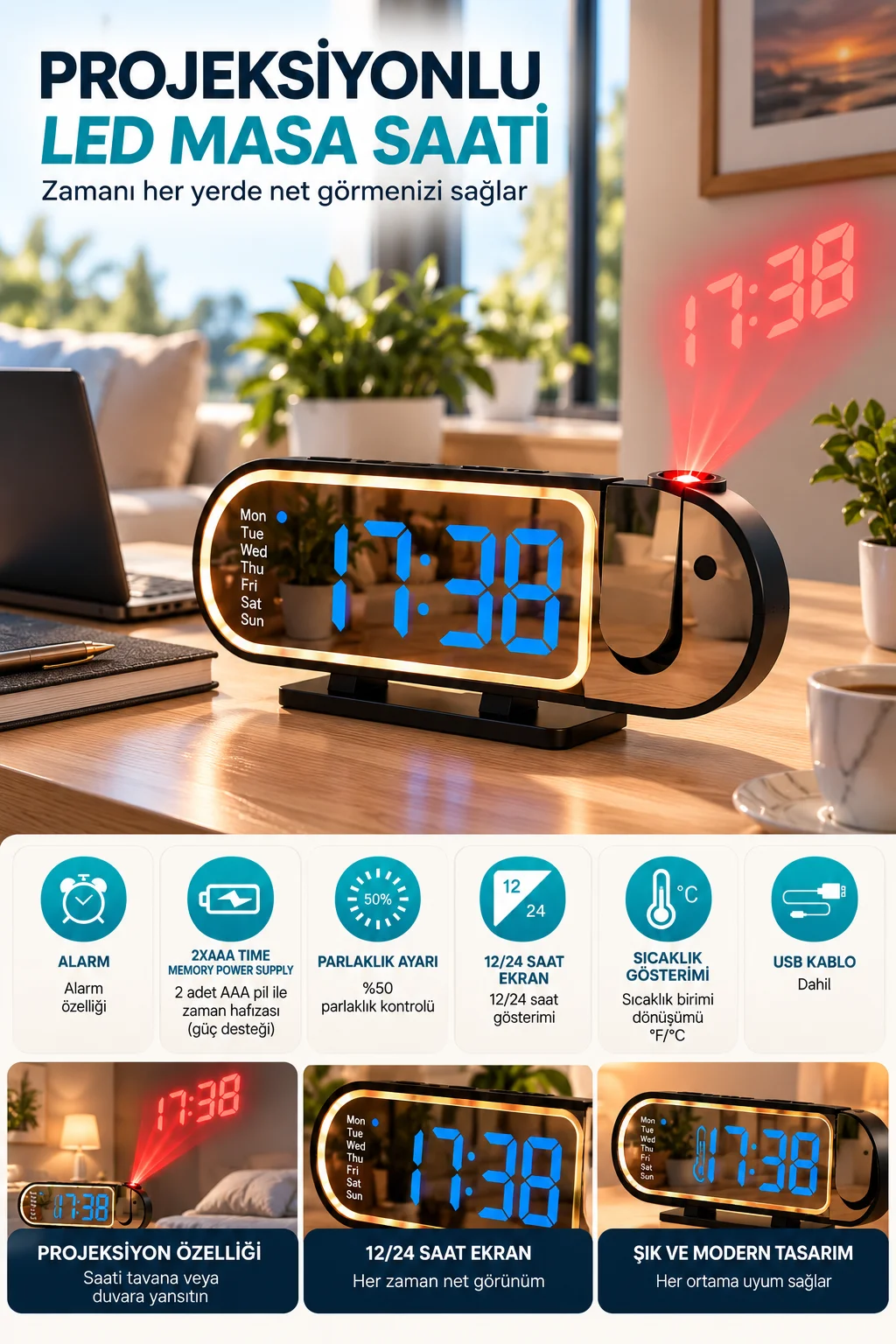 Şık Tasarımlı LED Masa Saati Dijital Ekran Alarm 12 24 Saat ve Sıcaklık Göstergeli