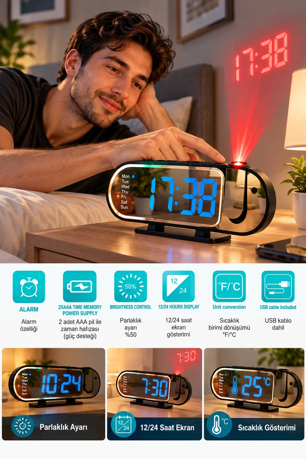 Modern LED Masa Saati Dijital Ekranlı Alarm Parlaklık Ayarlı 12 24 Saat Sıcaklık Göstergeli