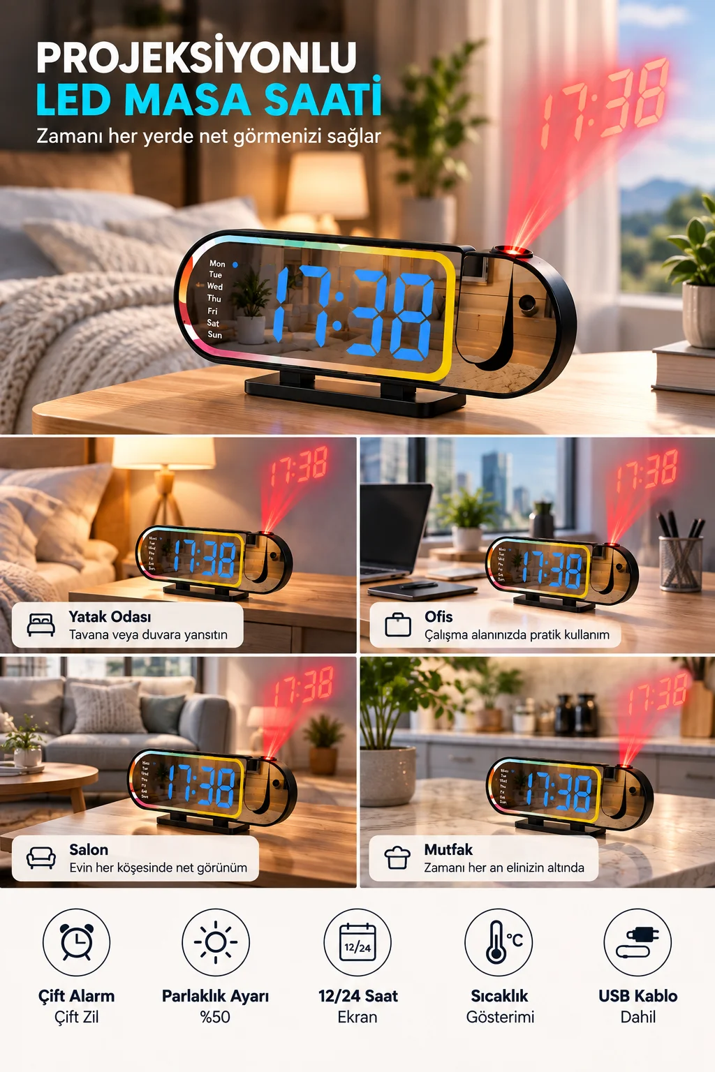 Dijital LED Masa Saati Masaüstü Alarm Saati Parlaklık Ayarlı Sıcaklık ve 12 24 Saat Göstergeli