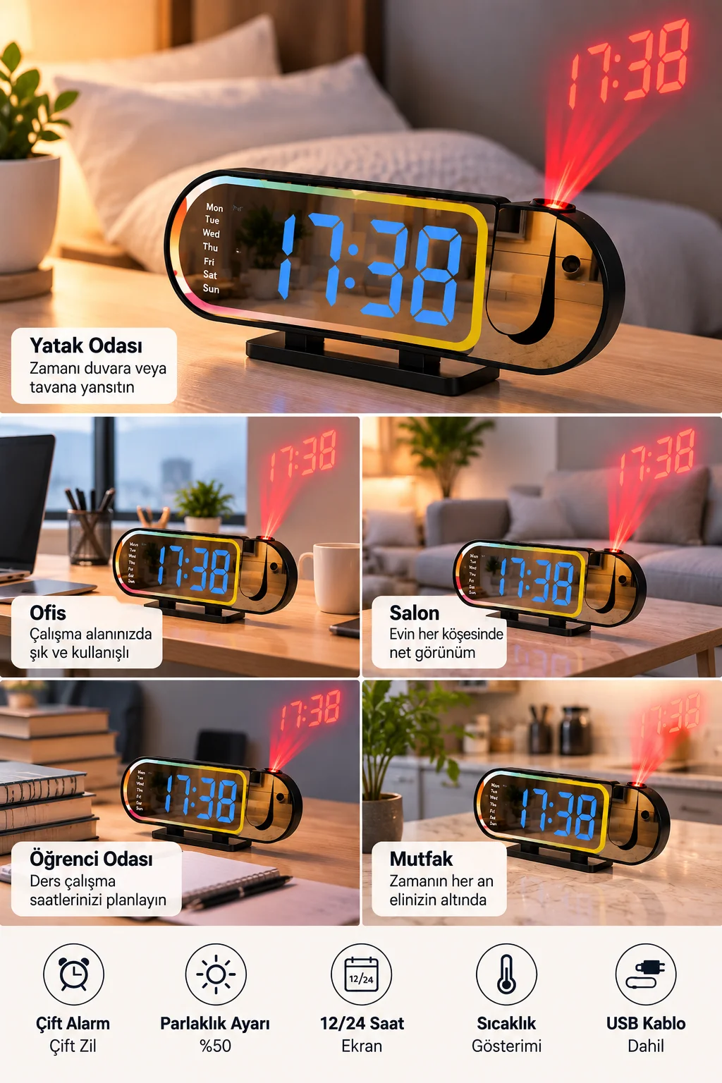 LED Dijital Masa Saati Şık Tasarım Alarm Özelliği Parlaklık Ayarı Sıcaklık ve 12 24 Saat Gösterimi