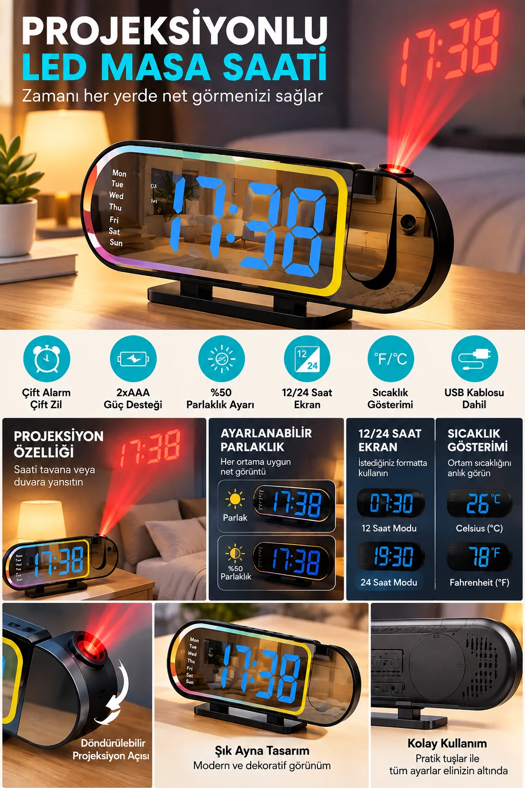 LED Dijital Masa Saati Şık Tasarım Alarm Özelliği Parlaklık Ayarı Sıcaklık ve 12 24 Saat Gösterimi