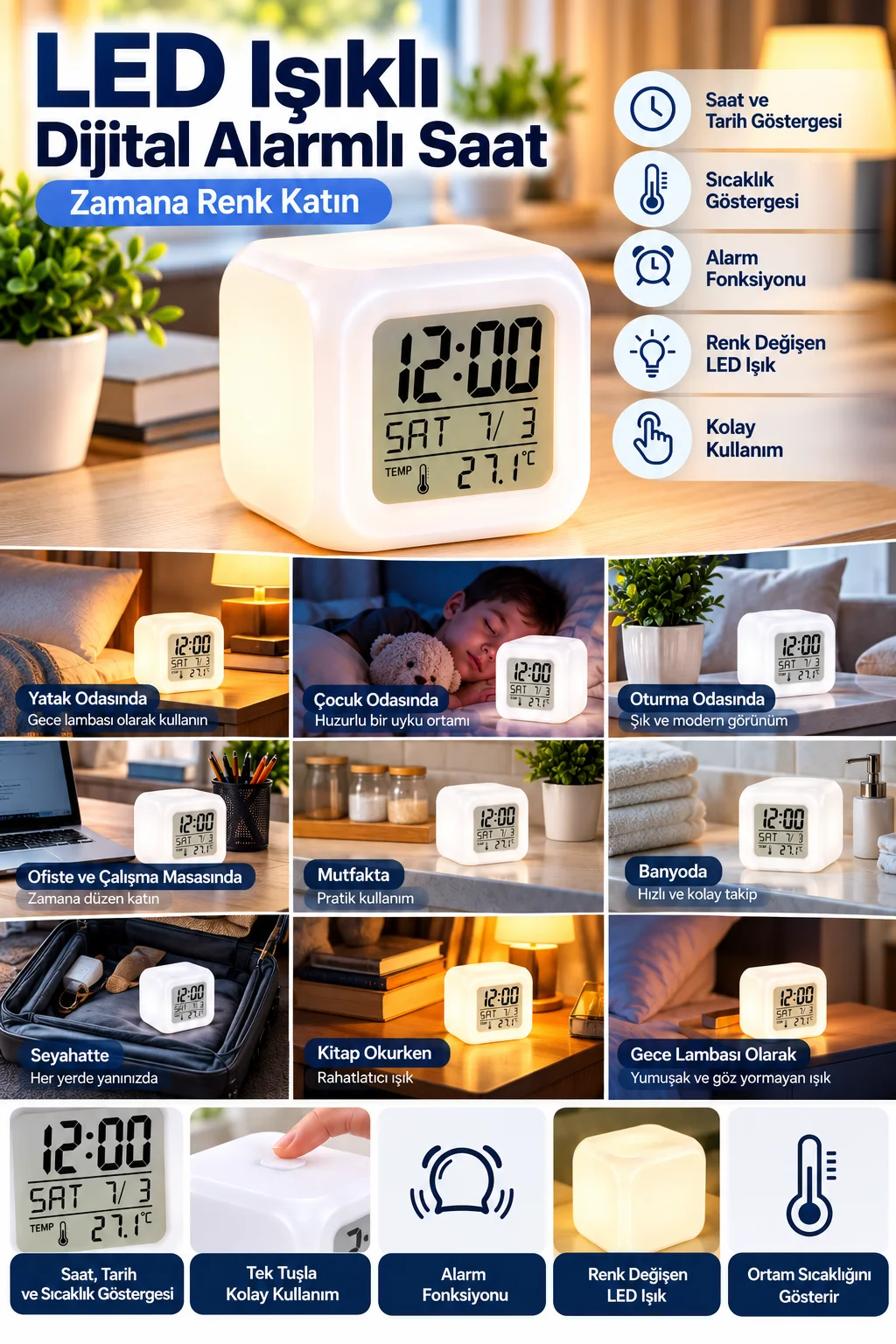 Modern Tasarımlı Küp Saat LED Aydınlatmalı Dijital Alarm Saati