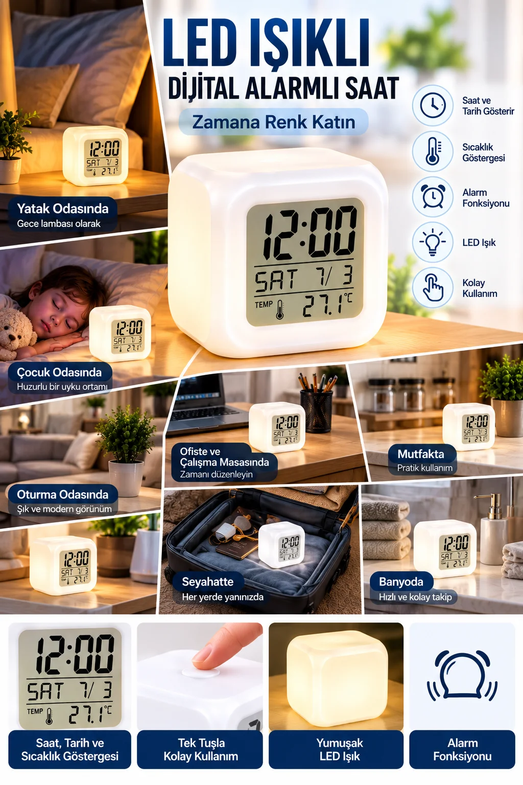 Modern Tasarımlı Küp Saat LED Aydınlatmalı Dijital Alarm Saati