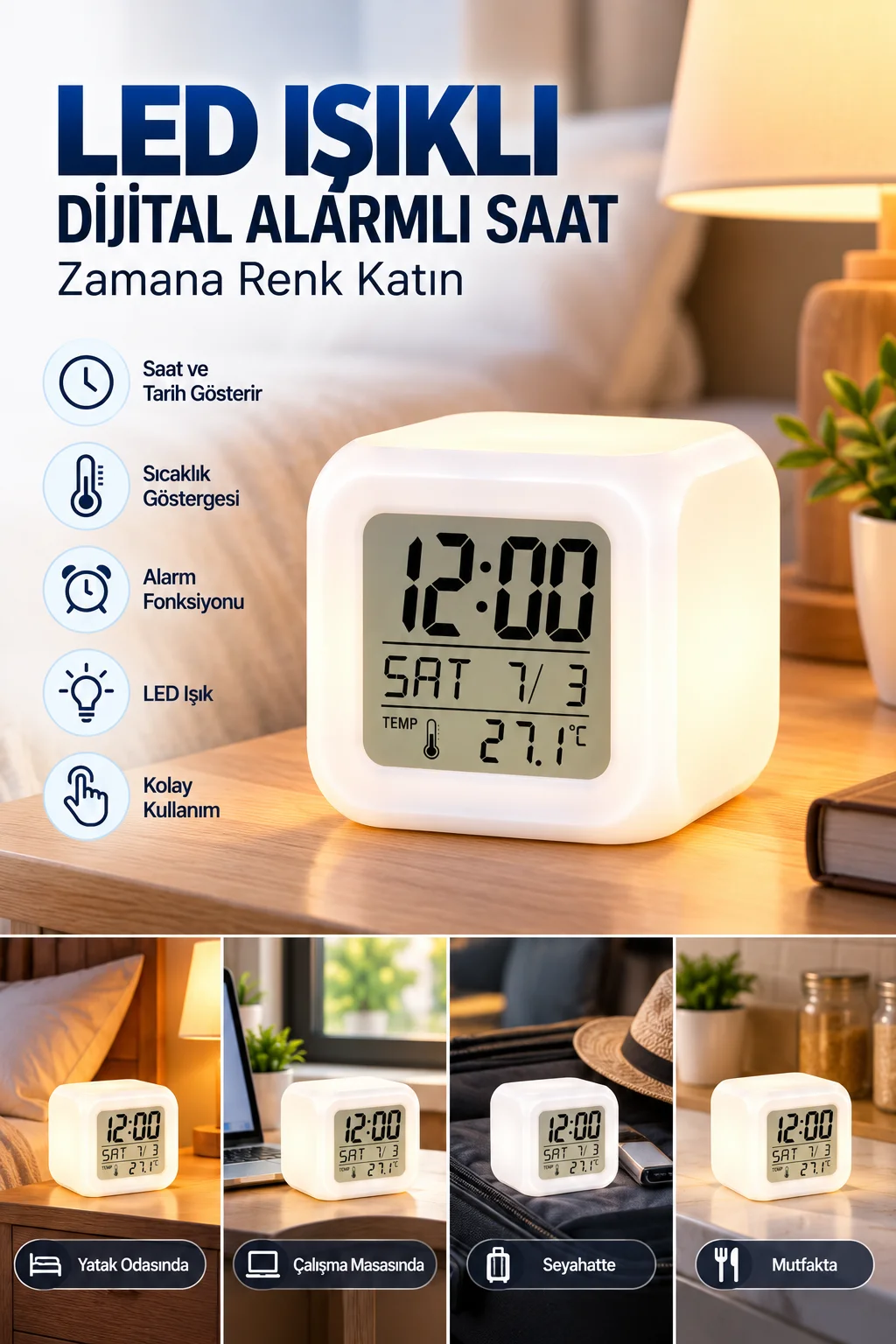Modern Tasarımlı Küp Saat LED Aydınlatmalı Dijital Alarm Saati