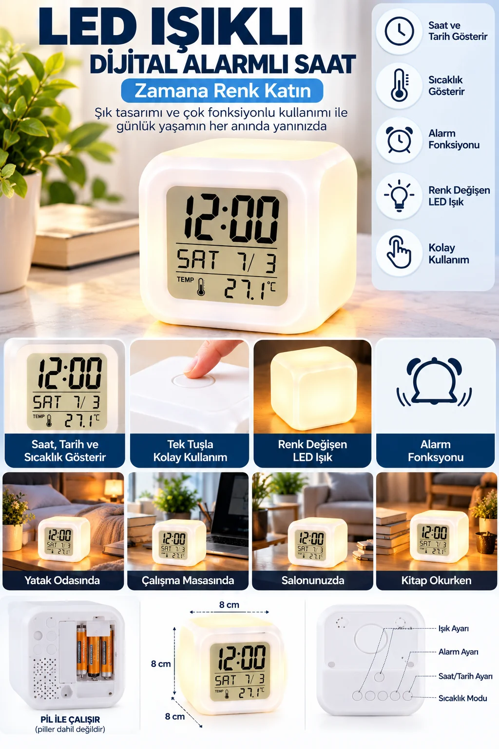 Modern Tasarımlı Küp Saat LED Aydınlatmalı Dijital Alarm Saati