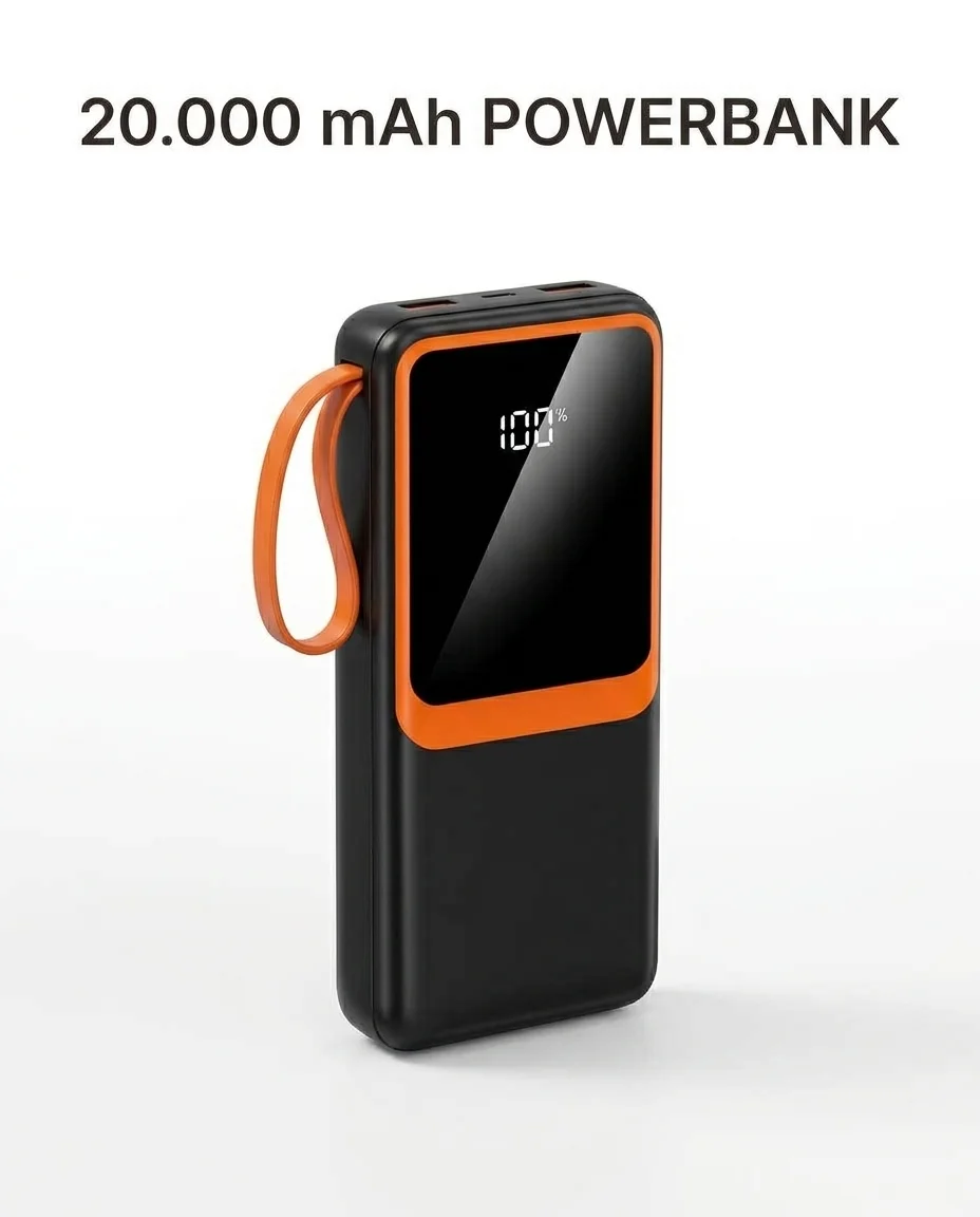 Dahili Çoklu Kablolu 20000 mAh Powerbank Dijital Pil Göstergeli Telefon Şarj Cihazı