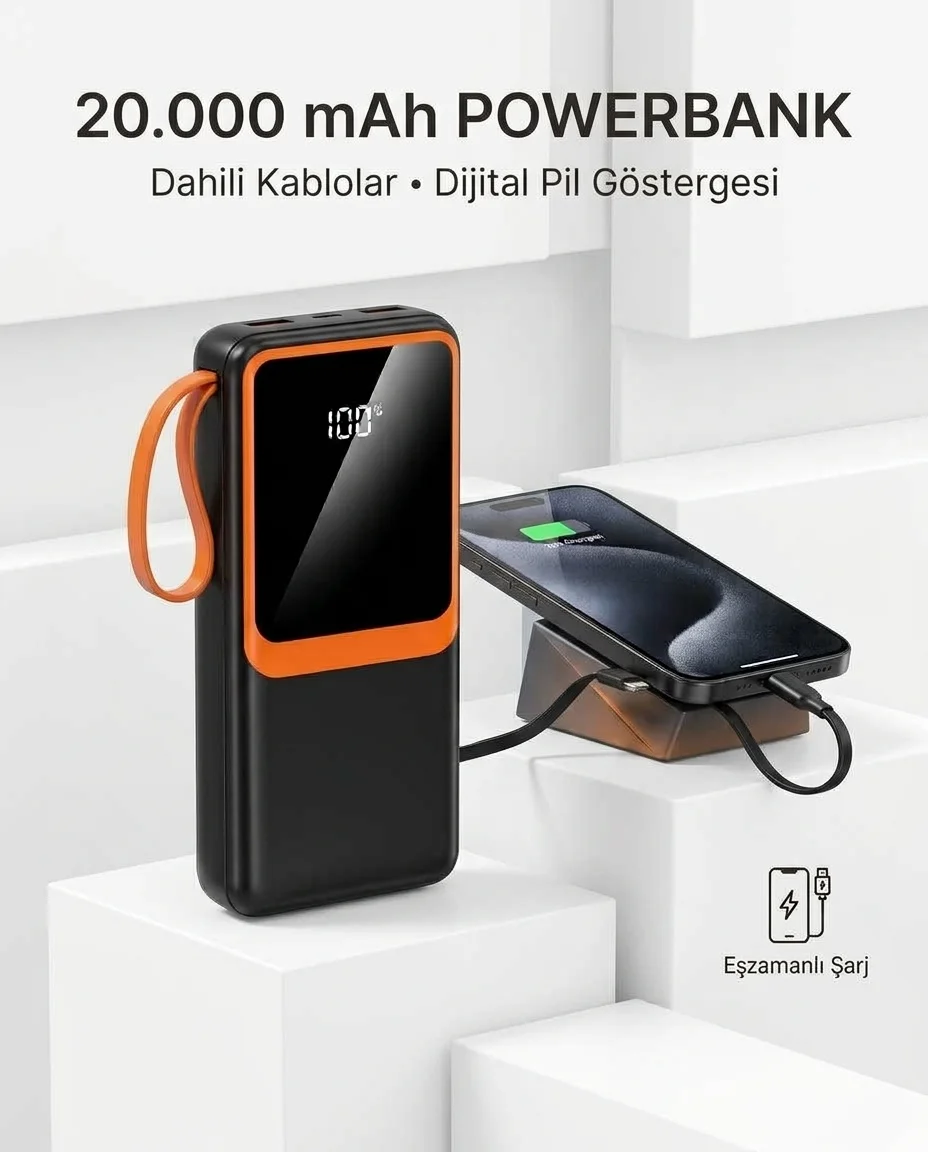 1. Çoklu Çıkışlı 20000 mAh Powerbank Entegre Kablolu Dijital Ekranlı Taşınabilir Şarj Cihazı