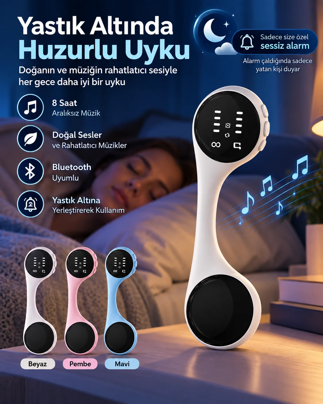 Bluetooth Yastık Altı Uyku Hoparlörü Sessiz Alarm Rahatlatıcı Doğal Sesler