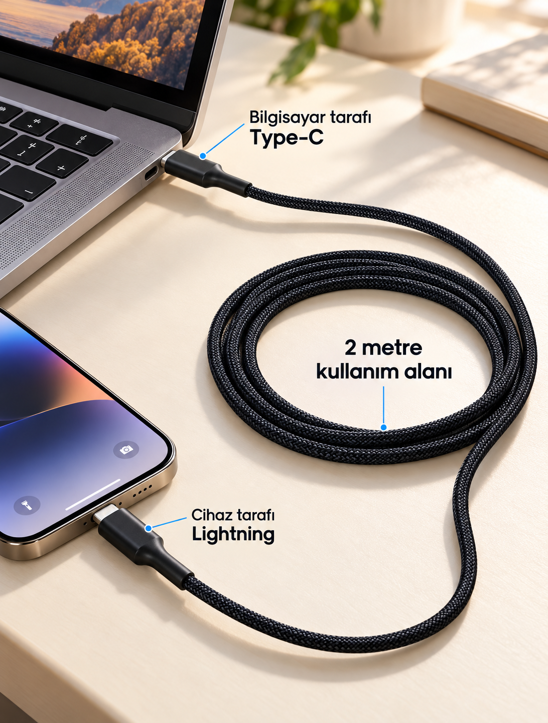 Uzun ve Dayanıklı Type C Lightning PD Hızlı Şarj Kablosu
