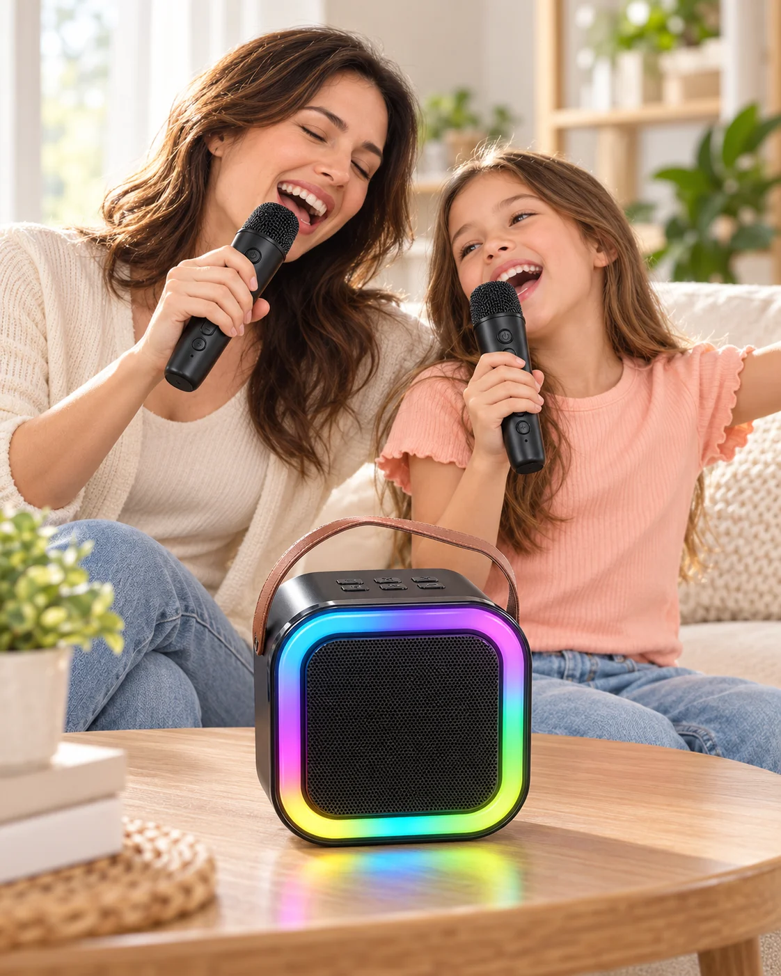 Renkli LED Aydınlatmalı Taşınabilir Bluetooth Hoparlör ve 2 Mikrofon Seti