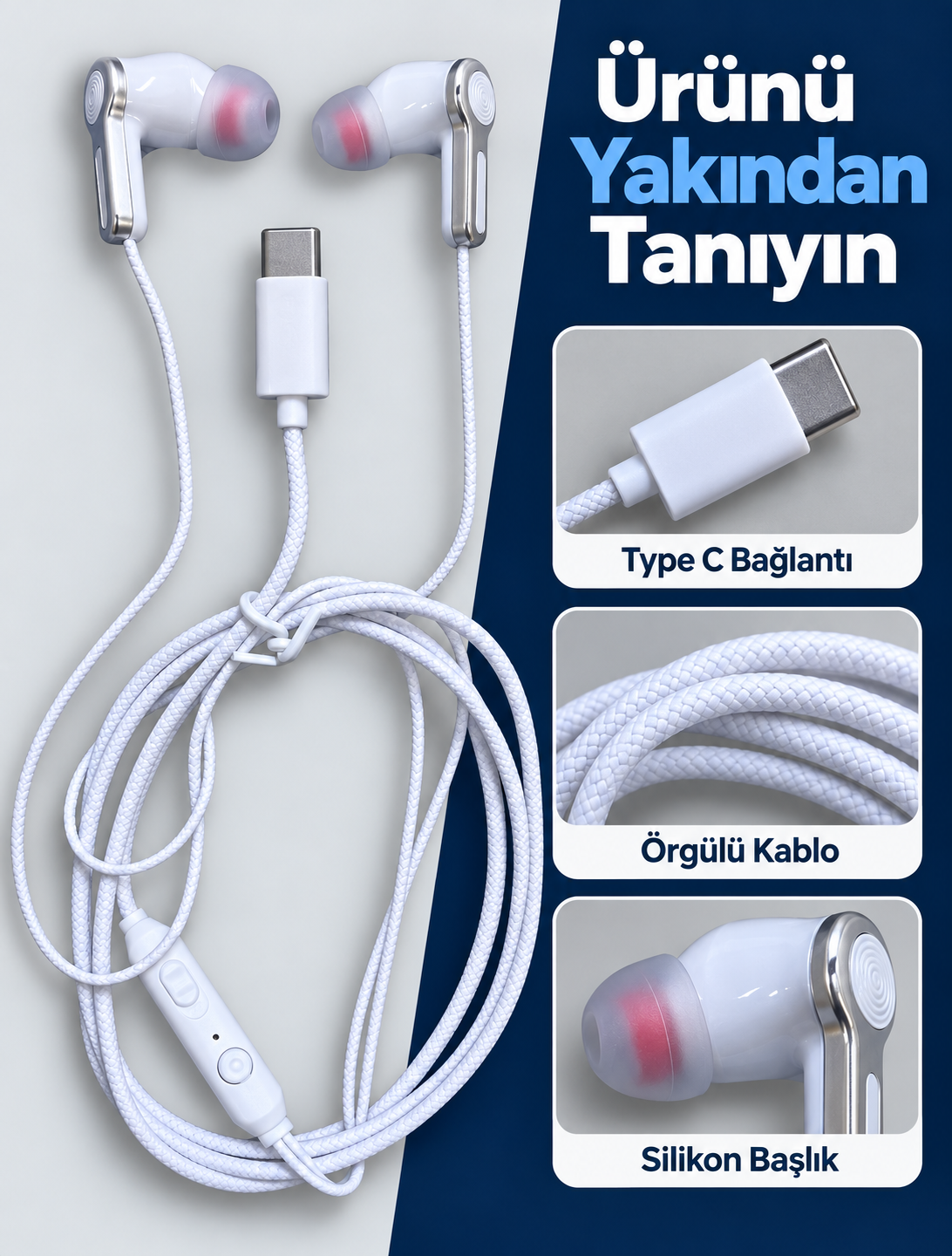 Kumandalı ve Silikon Başlıklı Beyaz Type C Kablolu Kulaklık