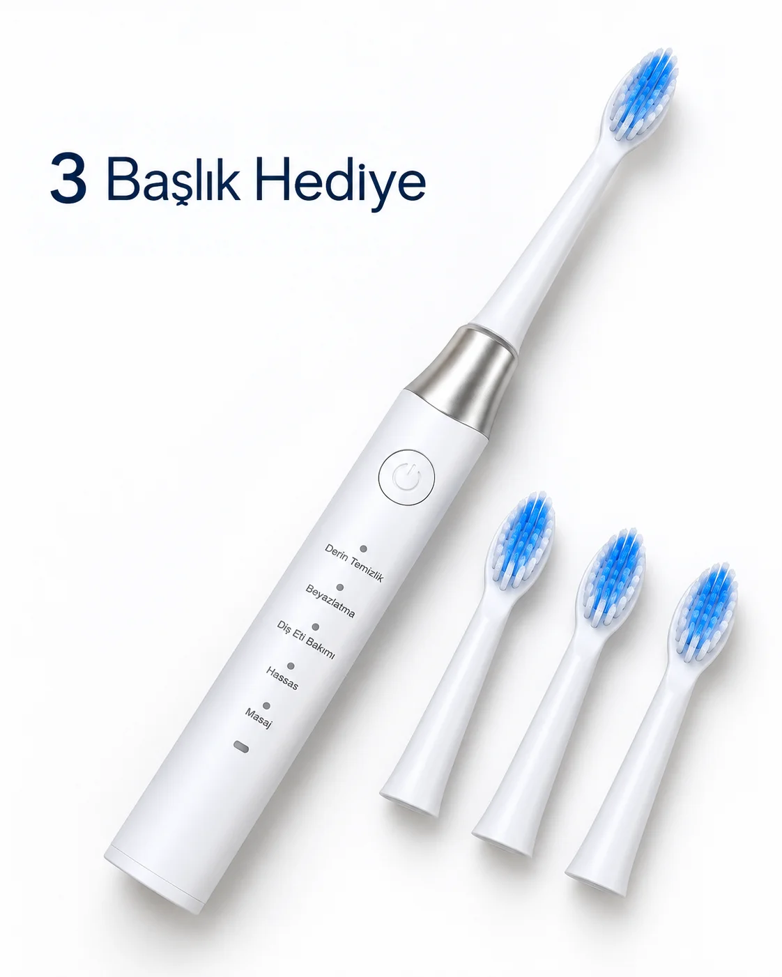 1. Hassas ve Masaj Modlu USB Şarjlı Beyaz Elektrikli Diş Fırçası 3 Başlık Hediyeli