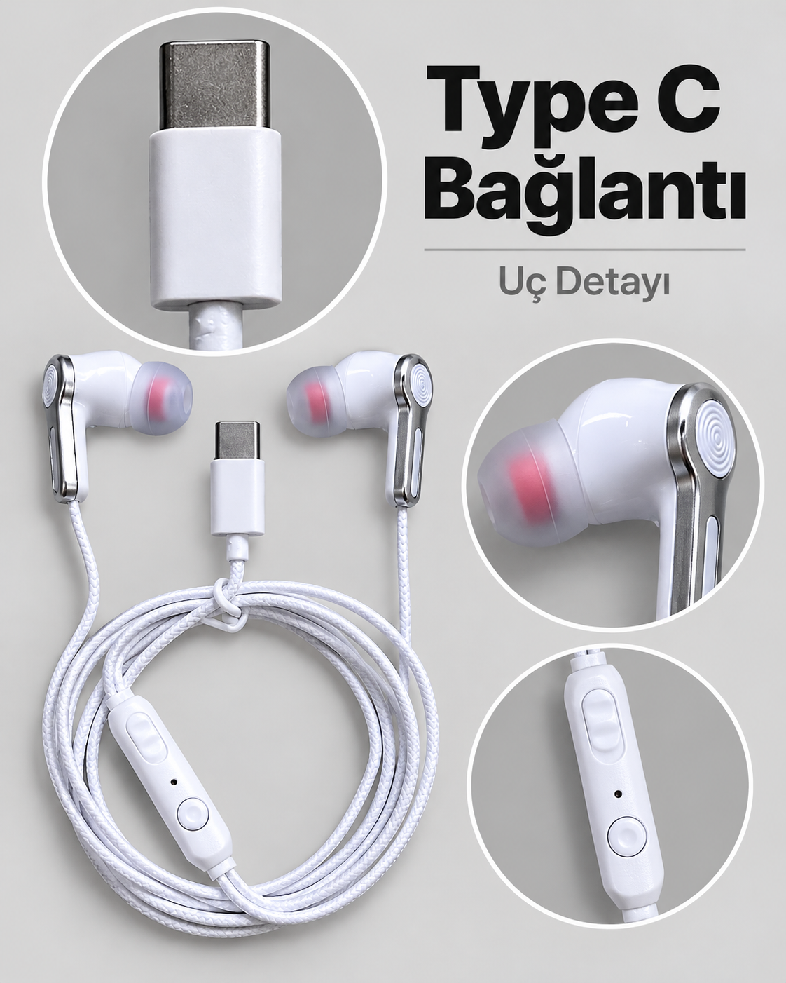 Kumandalı ve Silikon Başlıklı Beyaz Type C Kablolu Kulaklık