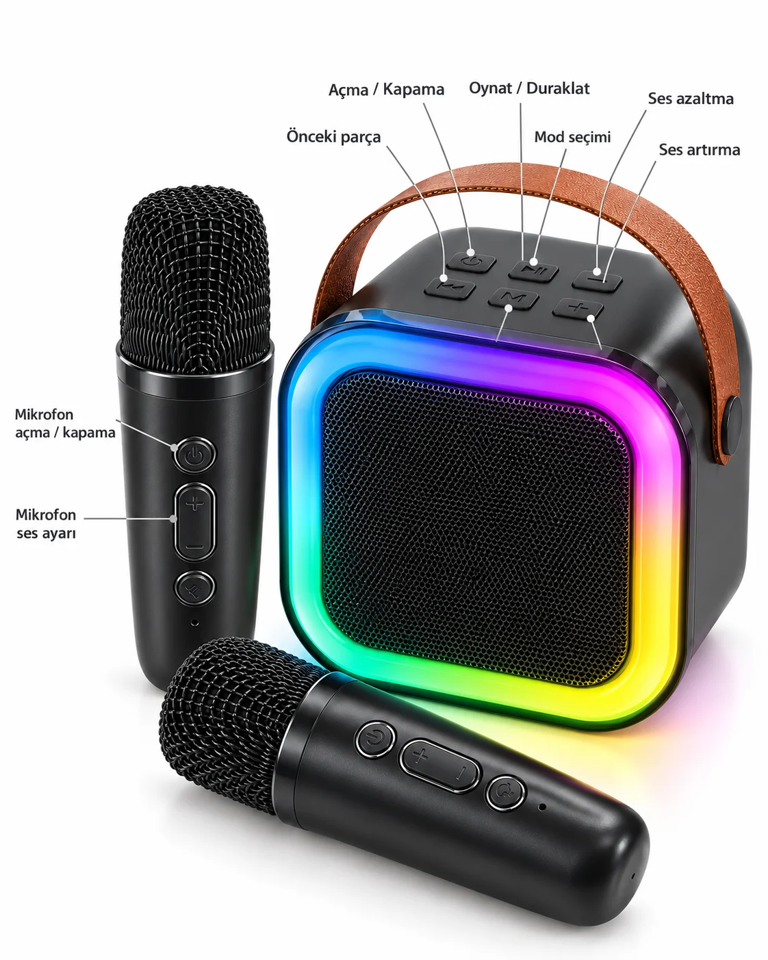Bluetooth Bağlantılı LED Işıklı Karaoke Ses Sistemi ve İki Kablosuz Mikrofon
