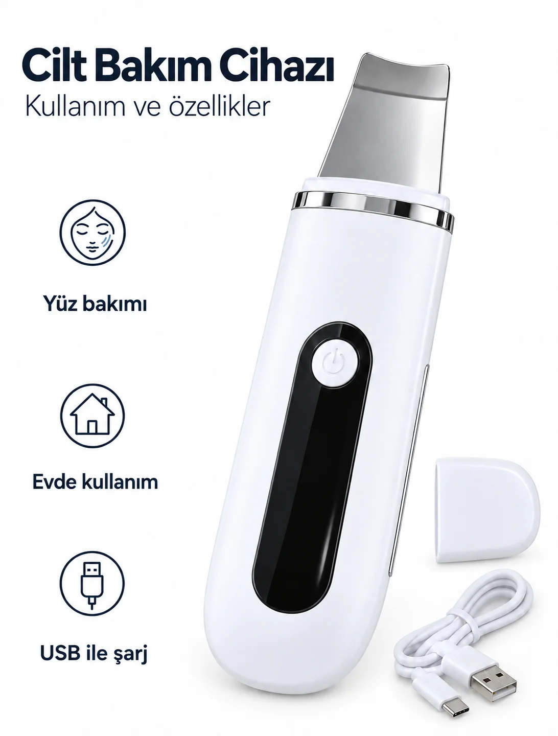 Metal Spatula Başlıklı Koruyucu Kapaklı Şarj Edilebilir Yüz Bakım Cihazı