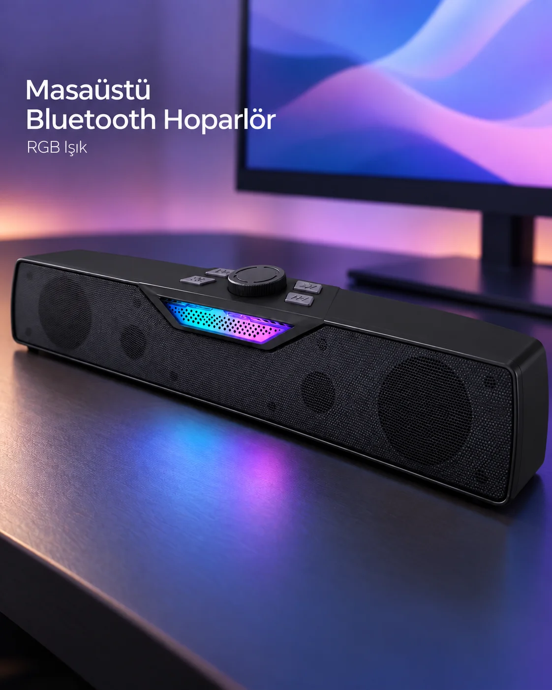 RGB Işıklı Bluetooth 5.4 Masaüstü Soundbar Hoparlör USB Destekli Siyah