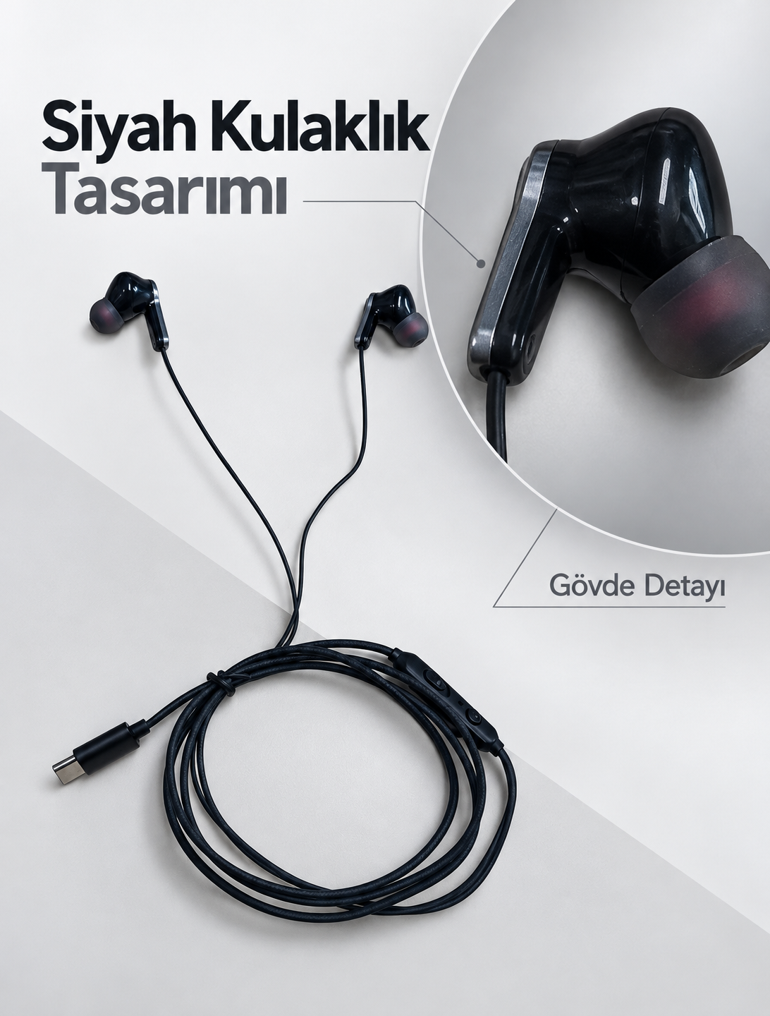 Type C Bağlantılı Siyah Kulaklık Mikrofonlu Kulak İçi Tasarım