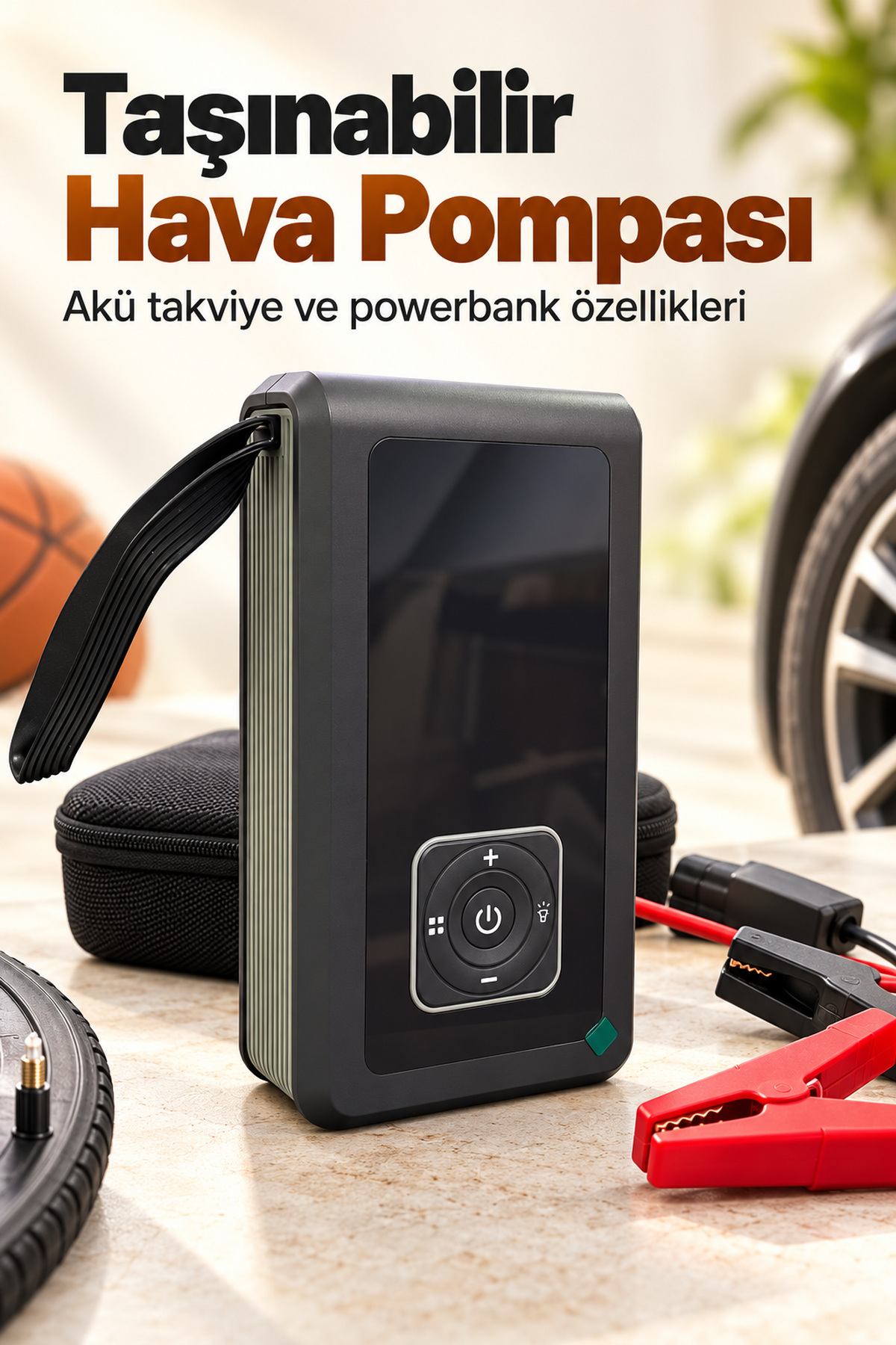 Taşınabilir Akü Takviye Cihazı ve Powerbank Özellikli Lastik Şişirme Pompası
