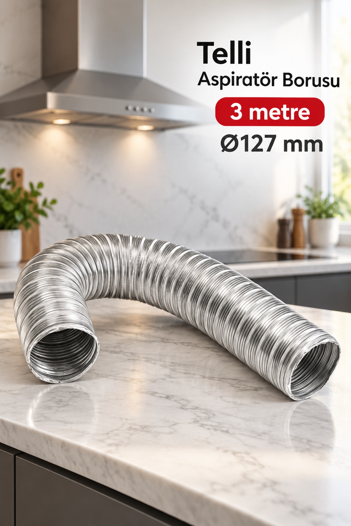 3 Metre Uzunluğunda Gümüş Renkli Telli Aspiratör Borusu