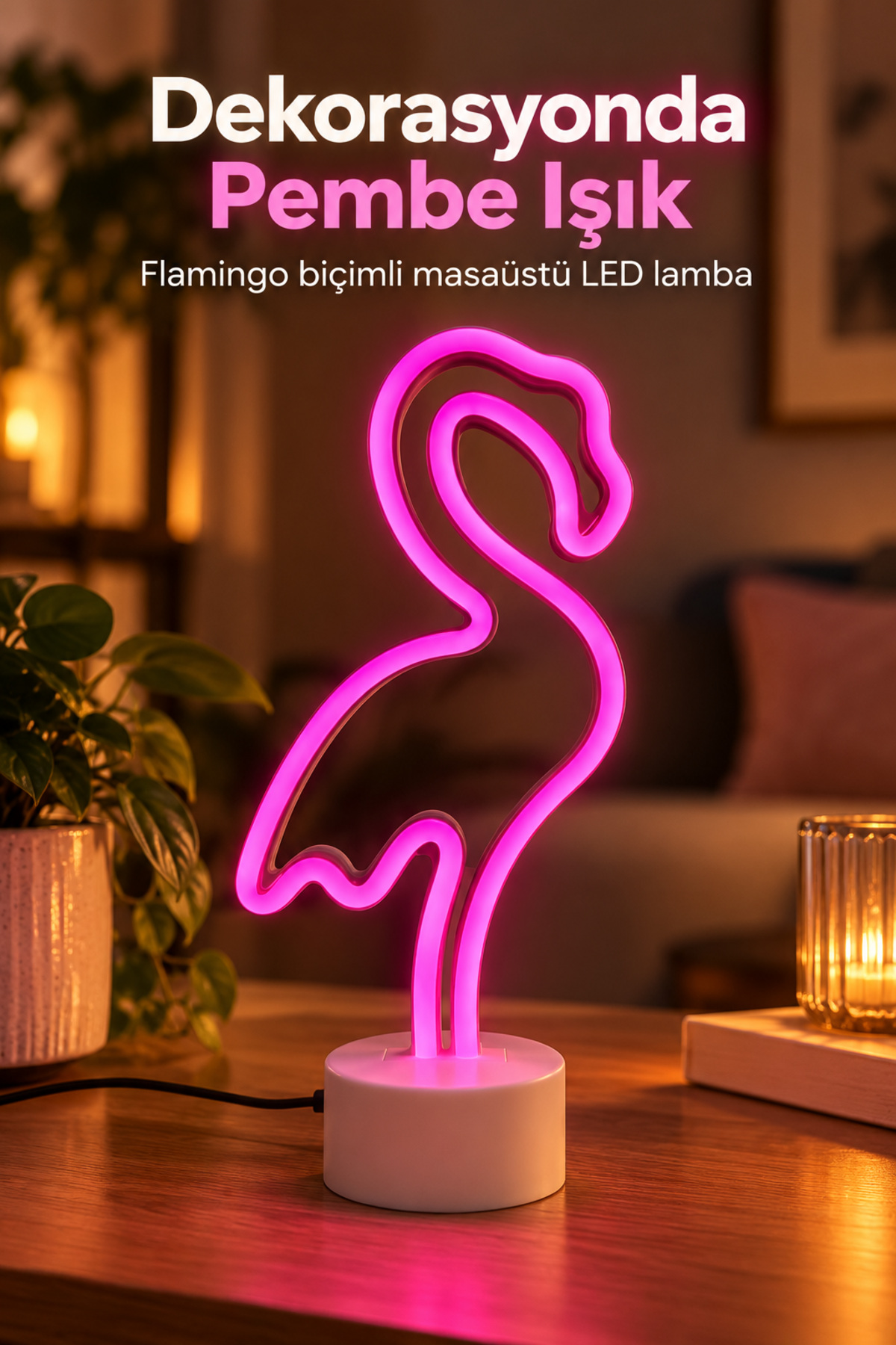 Dekoratif Flamingo Neon Lamba Pembe Işıklı Beyaz Tabanlı