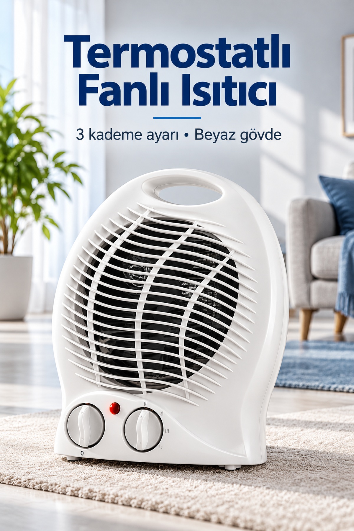 Termostat ve Kademe Ayarlı Beyaz Fanlı Isıtıcı