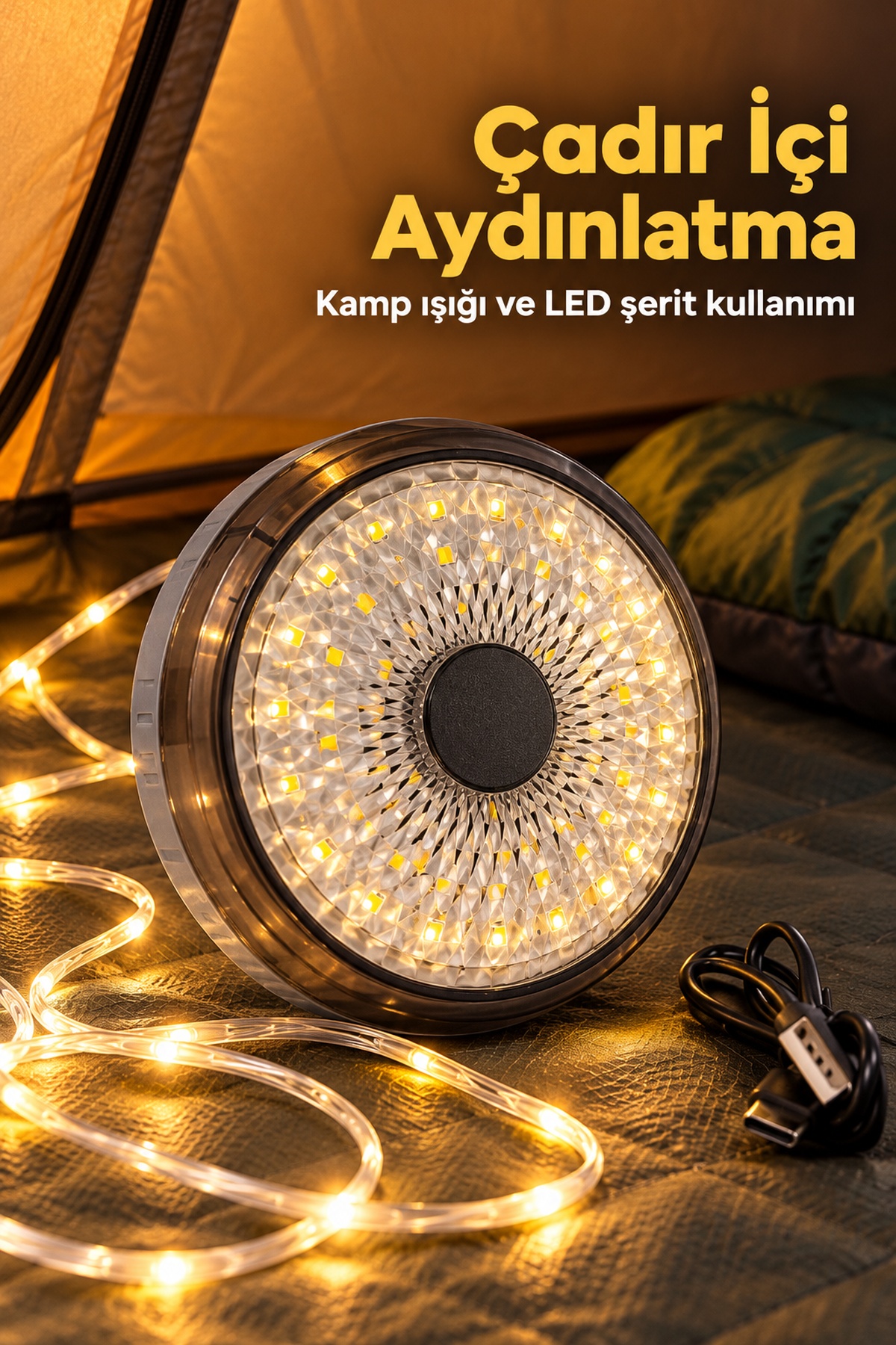 LED Kamp Lambası Dairesel Aydınlatma Yüzeyli ve Şeritli