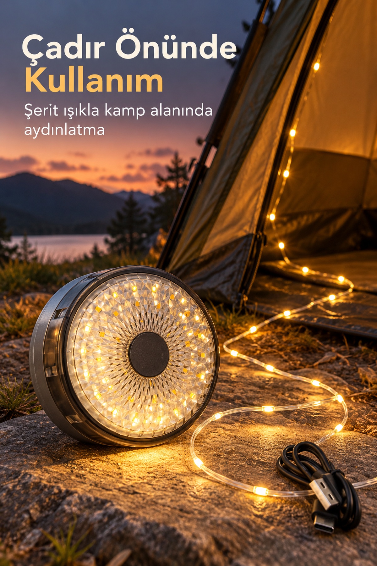 LED Kamp Lambası Dairesel Aydınlatma Yüzeyli ve Şeritli