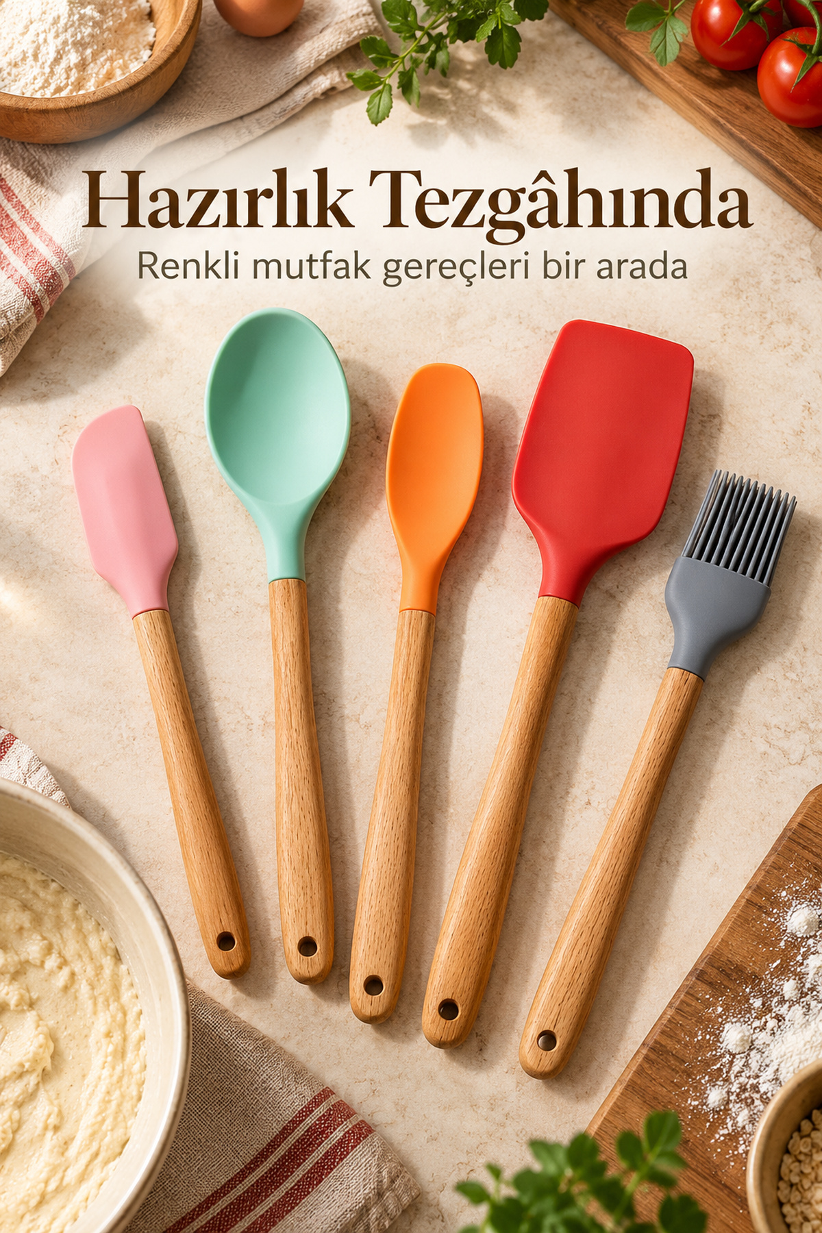 Spatula ve Fırça Seti Renkli Mutfak Gereçleri