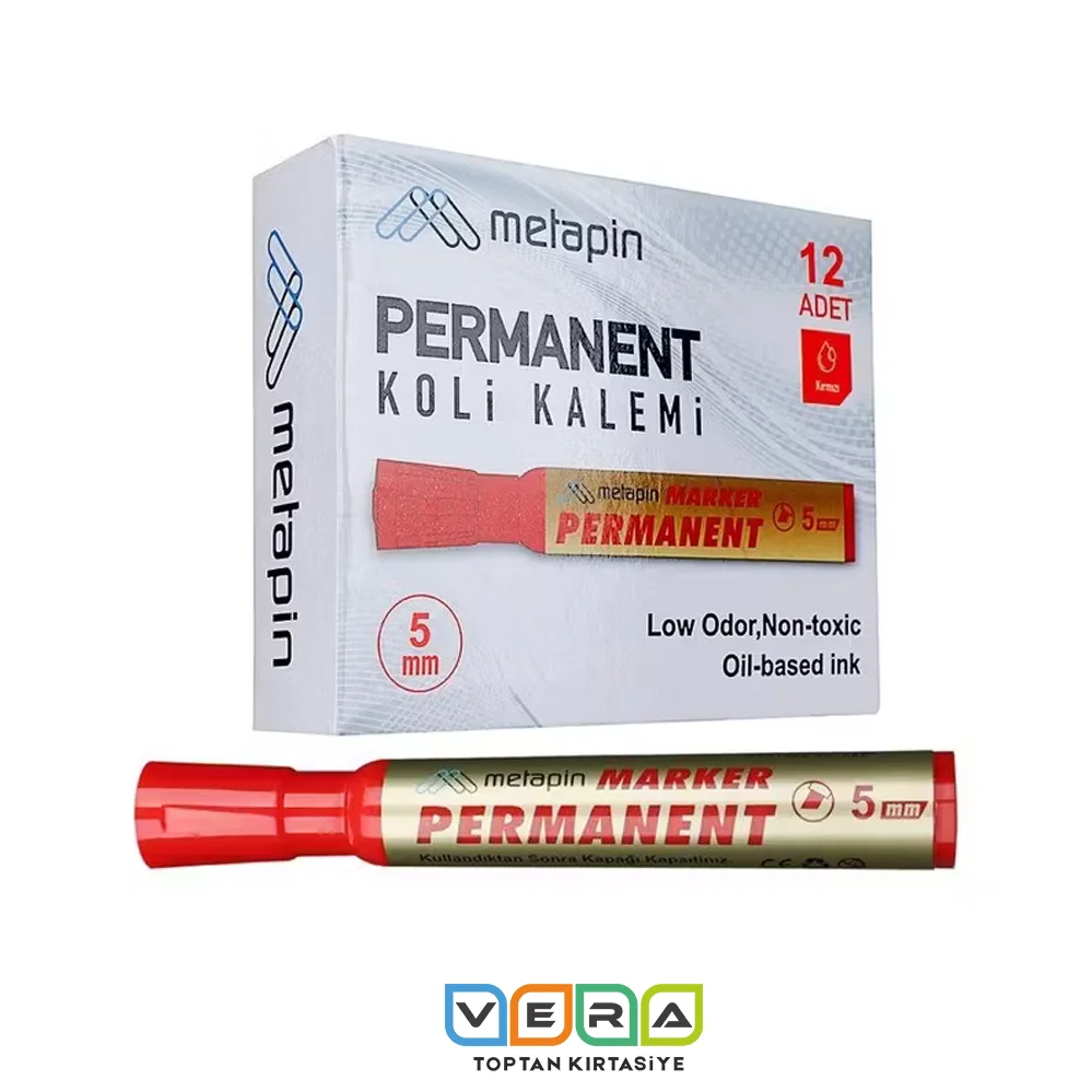 Metapin 5 mm Kırmızı Kesik Uç Permanent Koli Kalemi 12 li Paket