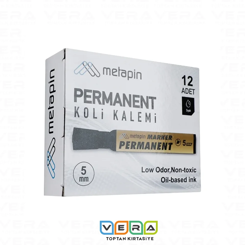 Metapin 5 mm Siyah Kesik Uç Permanent Koli Kalemi 12 li Paket