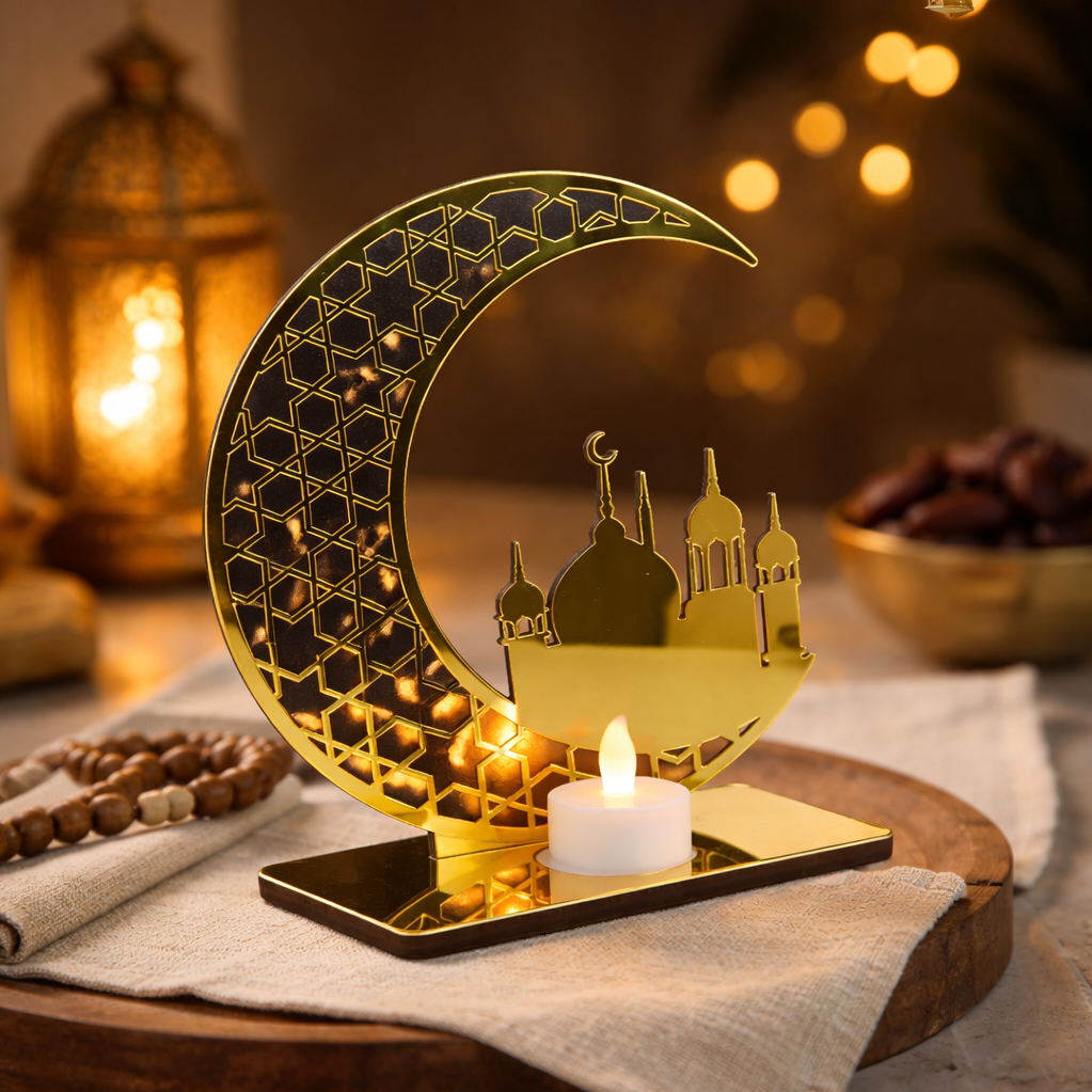 Ahşap Üzeri Gold Pleksi Mescid-i AksaTemalı Led Mum Dekor