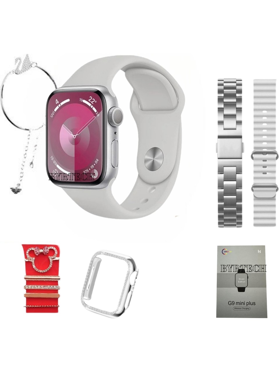 Bilişim Burada G9 Mini Plus Silver Gümüş 41 mm 3 Kordon Mickey Charm Bileklik Hediyeli Akıllı Saat