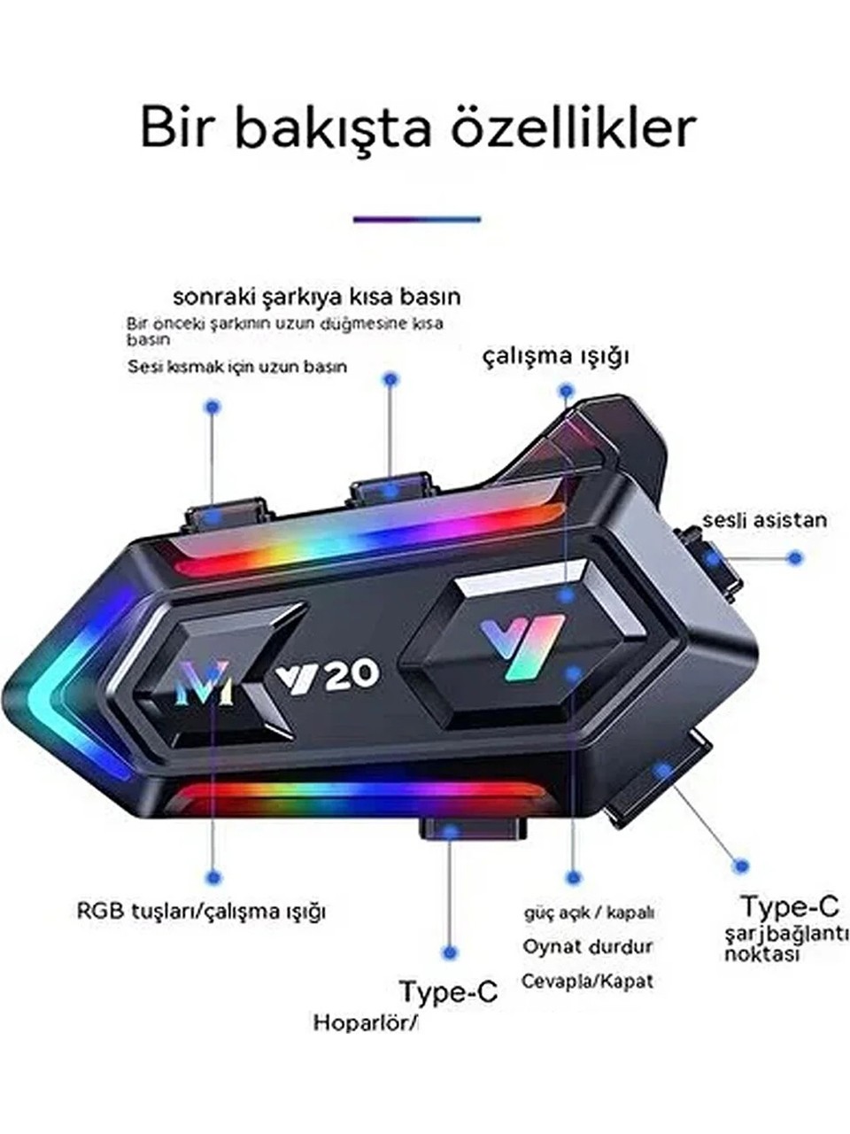Bilişim Burada Y20 Motor Kurye Kask Kulaklık Rgb Modlu Bluetooth Motosiklet Kulaklık 5-3 Bluetooth Intercom
